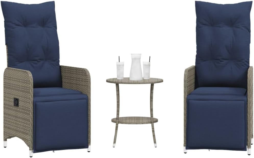 Reclining Patio Chairs 2 pcs with Table, Gray Poly Rattan Outdoor Furniture Set, Adjustable Garden Seat with Cushions, UV-Proof Deck Chairs