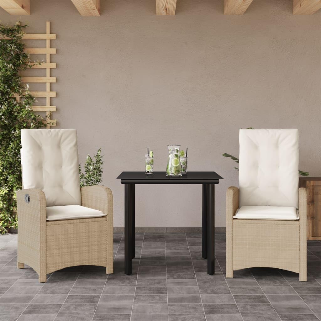 3 Piece Patio Dining Set with Cushions Beige Poly Rattan,Adjustable Reclining Garden Chair with Cushions for Outdoor Patio and Backyard Patio Furniture Sets, Outdoor Furniture Sets