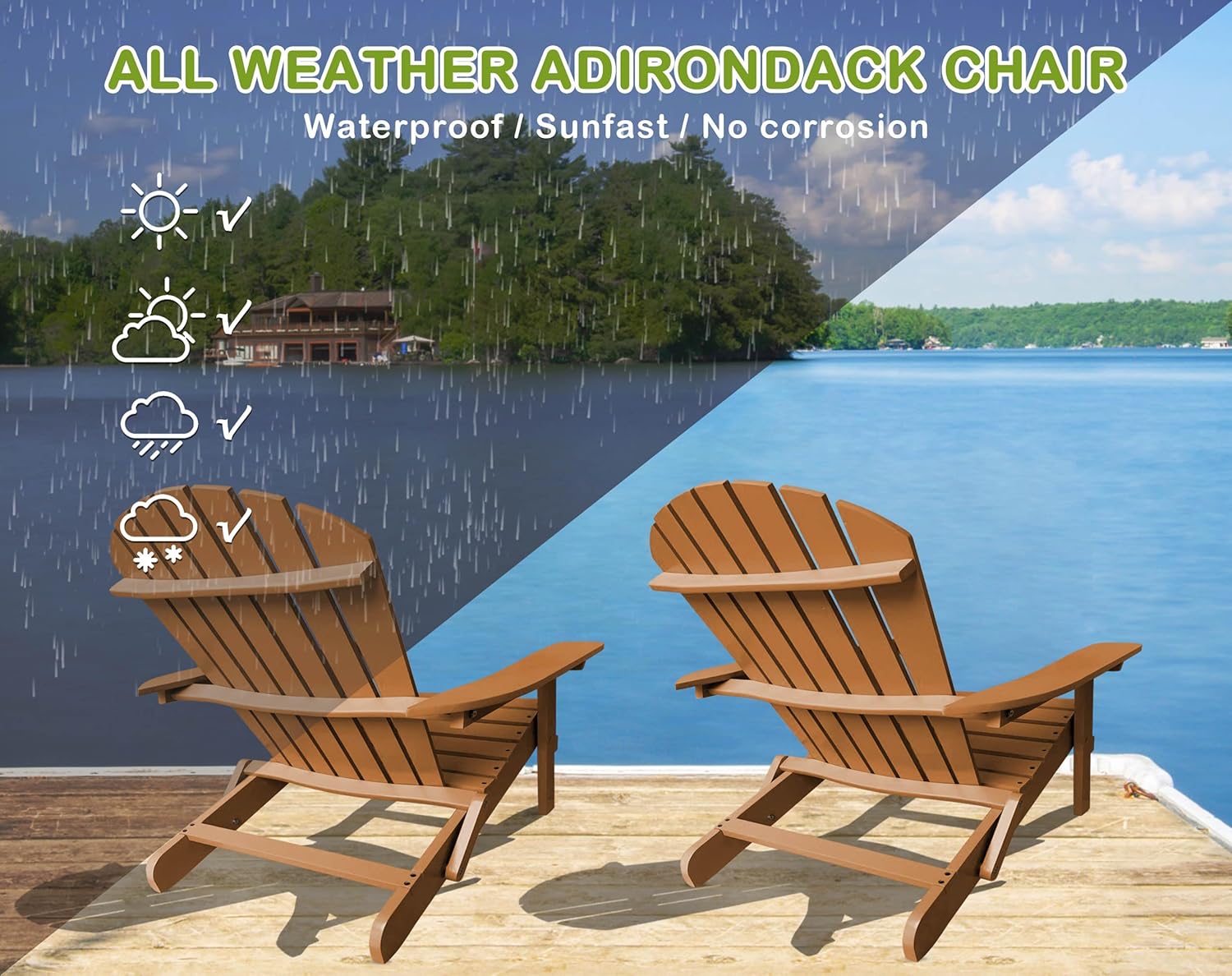 Adirondack Outdoor Chairs, Ergonomic Fire Pit Chairs, Folding Adirondack Chairs in Outdoor, Fire Pit, Deck, Outside, Garden, Campfire（Natural）
