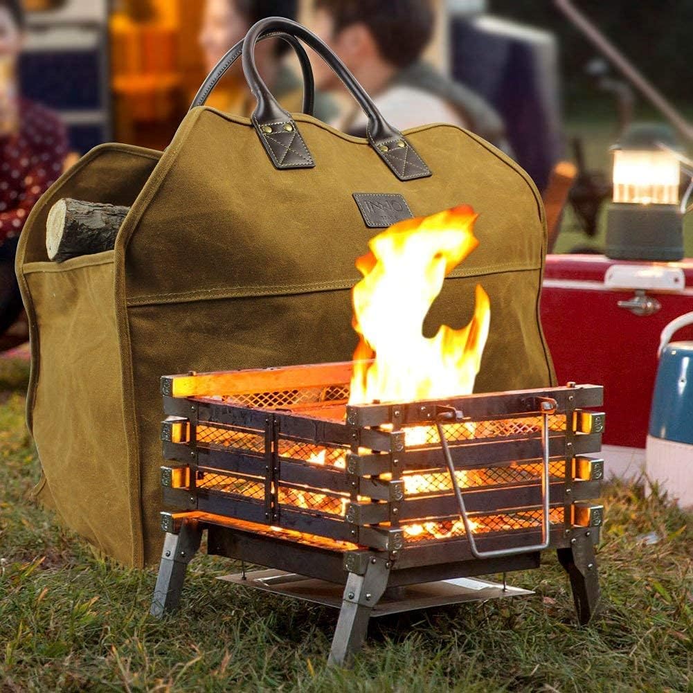 Heavy Duty Wax Canvas Log Carrier Tote and Patented Smokeless Fire Bowl Pit