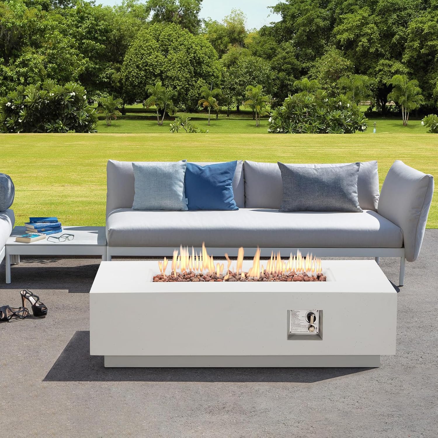 ECOTOUGE 56'' Gas Fire Pit, Outdoor Propane Firepit, Auto-Ignition Rectangle Steel Fire Table, 50,000 BTU Concrete fire Pit w/Weather-Resistant Pit Cover, Lava Rocks,no Tank Holde, White