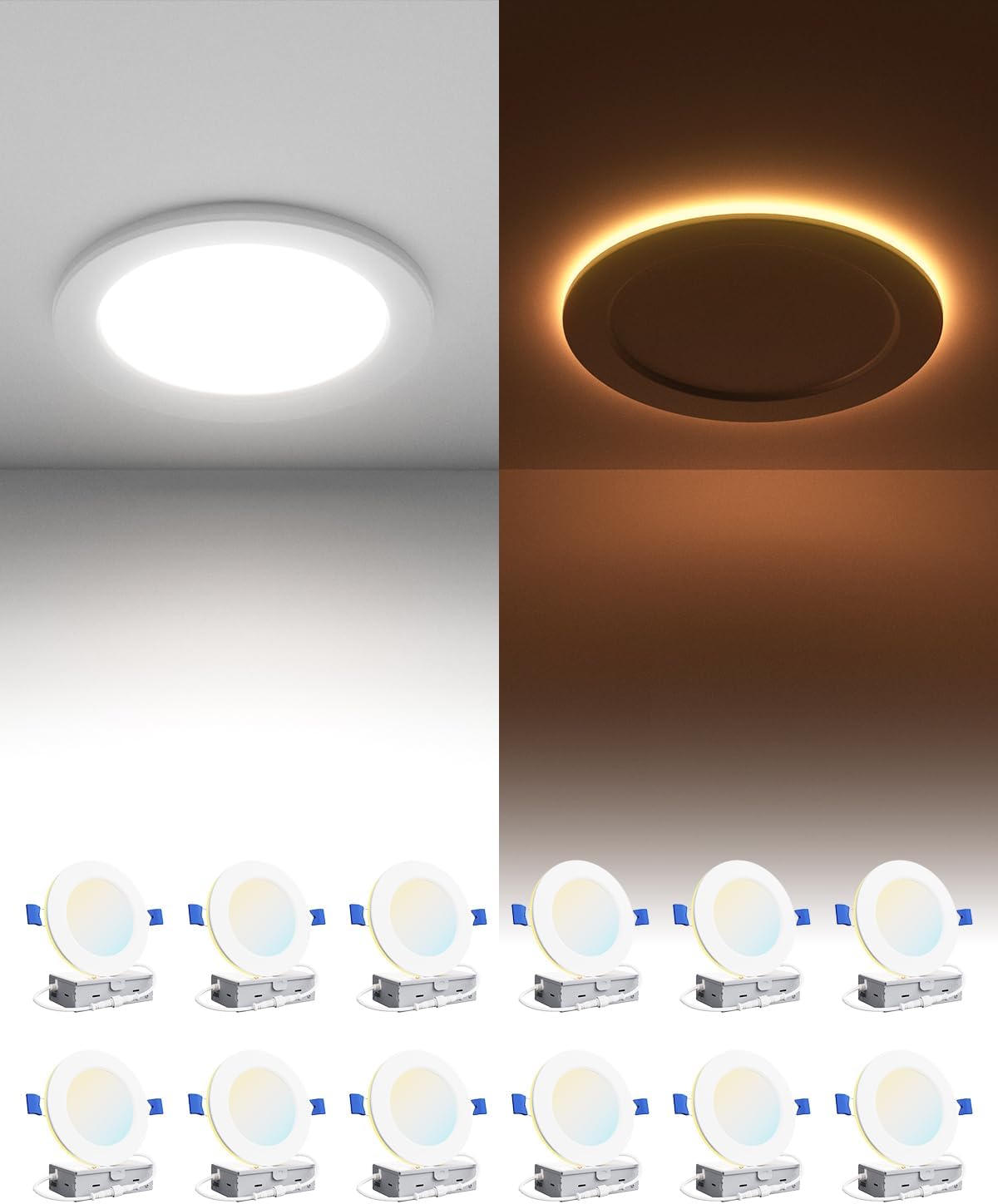 Ensenior 12 Pack 4 Inch LED Recessed Ceiling Light with Night Light, Dimmable, 2700K-5000K 5CCT, 750LM 9W 120V, High Brightness Canless Wafer Downlight - FCC