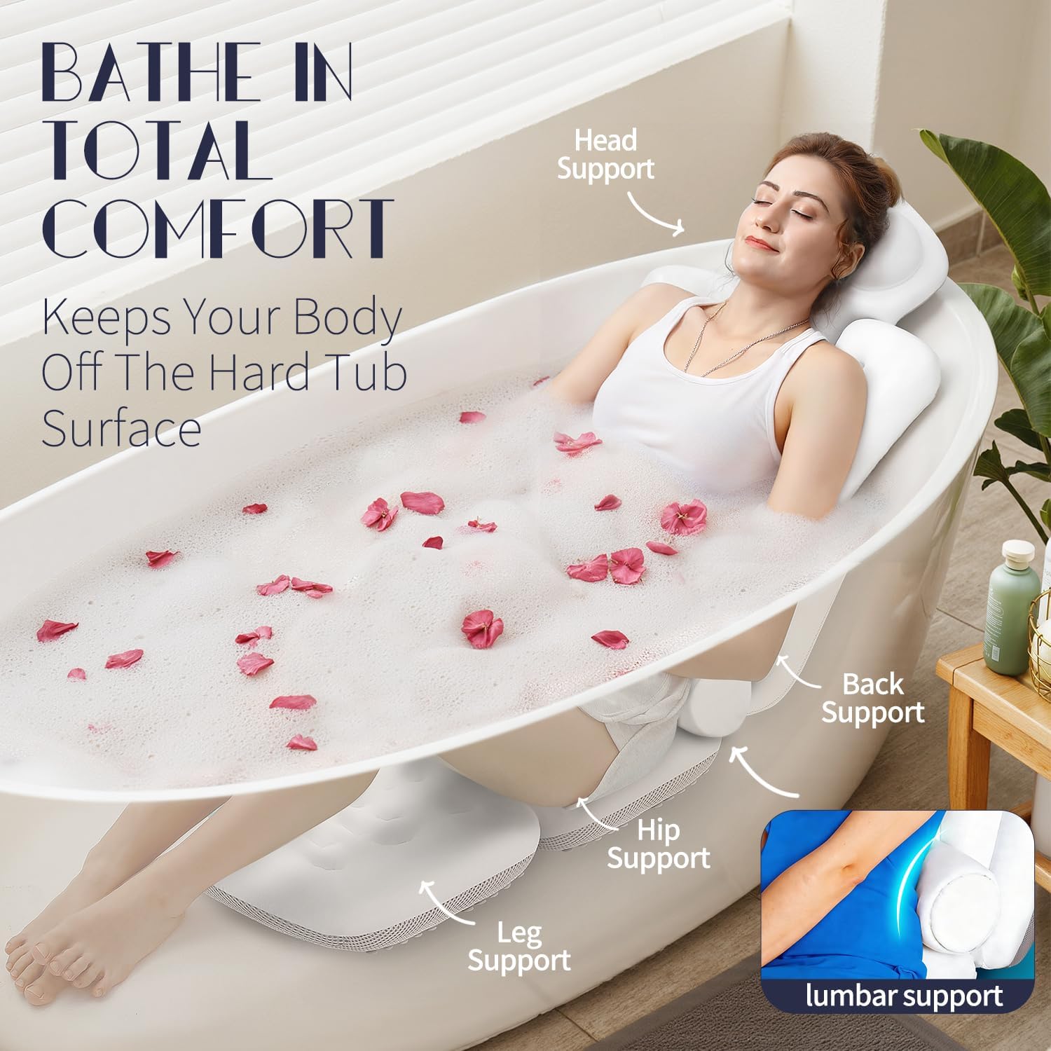 Full Body Bath Pillow for Tub, Thick Bathtub Cushion Mat with Neck, Back & Lumbar Support - Luxury Spa Bathroom Accessories, White