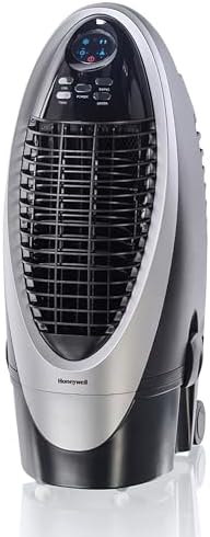 Honeywell 300 CFM Indoor Portable Evaporative Cooler, Fan & Humidifier with Detachable Tank, Carbon Dust Filter & Remote Control, Silver/Gray