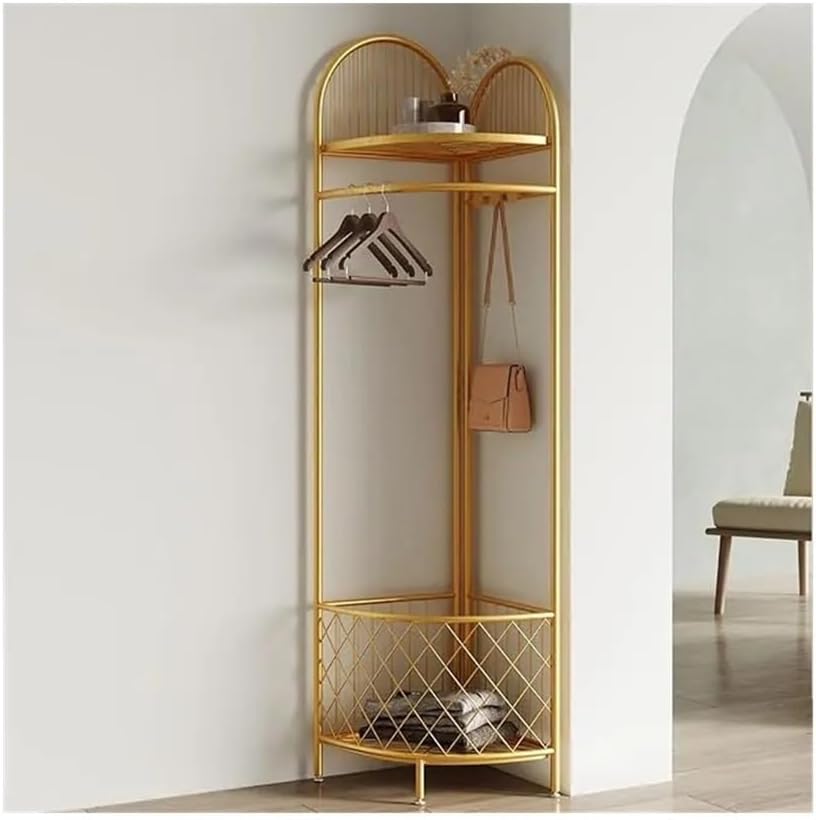 Coat Racks Corner Coat Rack With Storage Basket And Hooks Metal Clothes Rack For Entryway, Hallway, Bedroom, Office Coat Rack Stand(Golden)