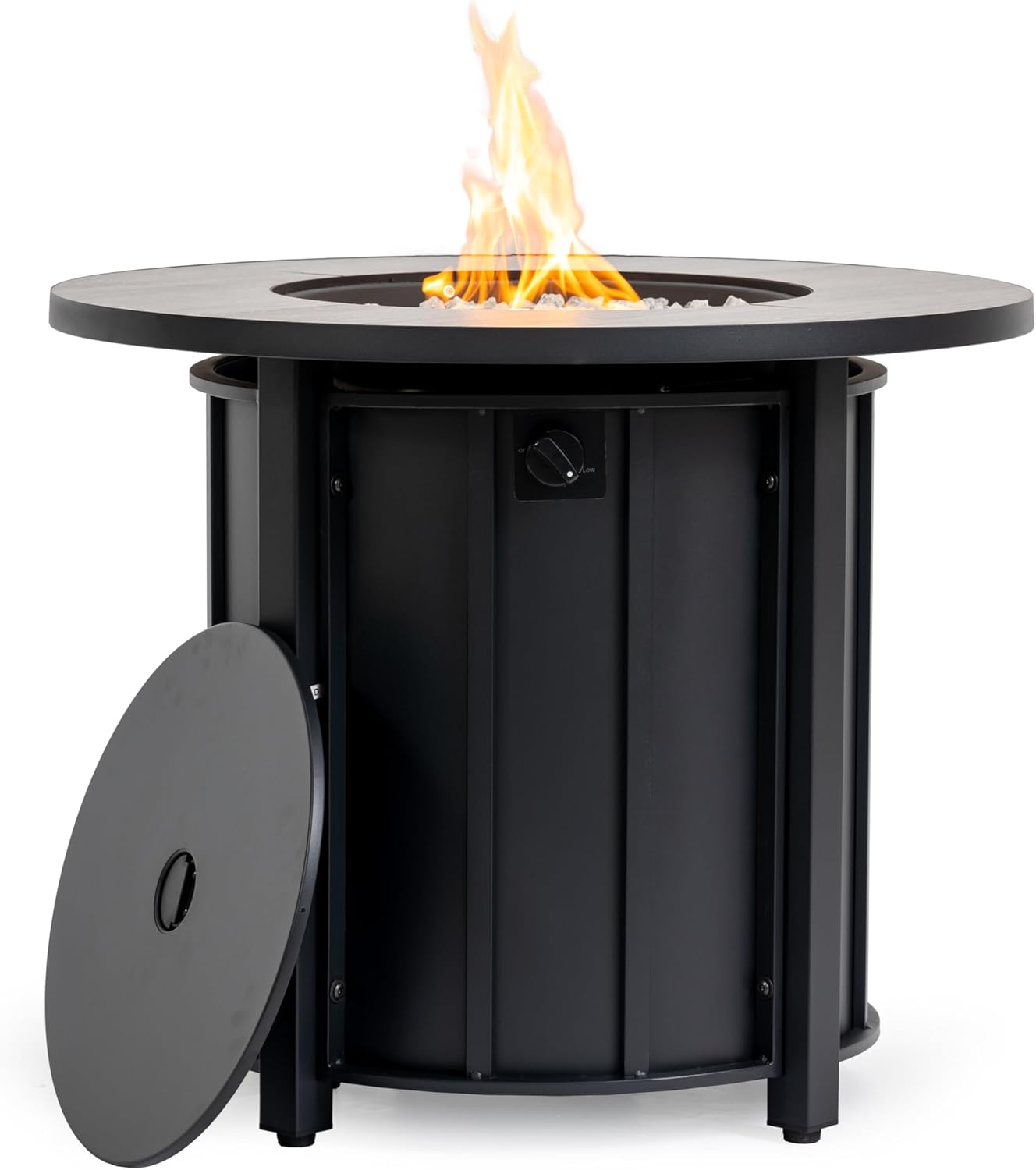30 Inches Propane Fire Pit Table, 50,000 Btu Round Steel Outdoor Fire Pit with Wood Grain Ceramic Tabletop – Patio, Deck, Backyard (Black Brown)