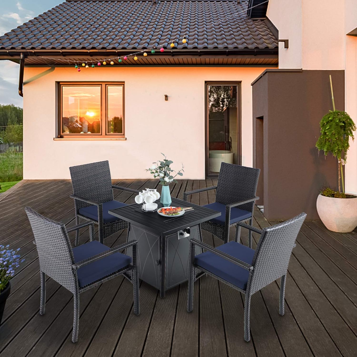 MFSTUDIO 28 Inch Propane Gas Fire Pit Table & 4 Wicker Chairs Furniture Set with Blue Fire Glass, Multi-Function Outdoor Fire Table Set, 50,000 BTU, CSA Certification