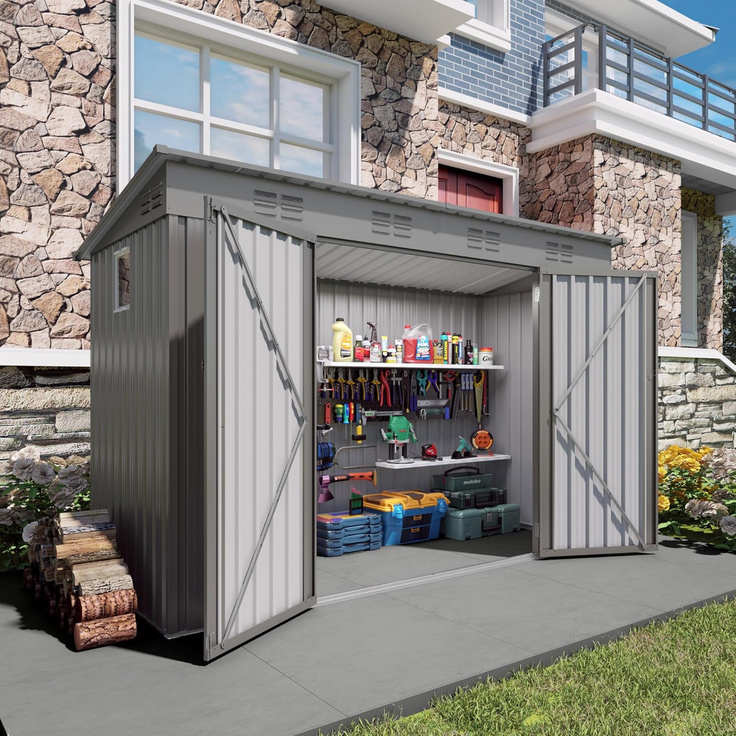 4 x 9 FT Outdoor Storage Shed with Window and 6 Vents, Sloping Roof Metal Tool Shed with 2 Lockable Swing Doors, Outdoor Shed for Backyard, Garden, Patio, Garage, Lawn, Gray