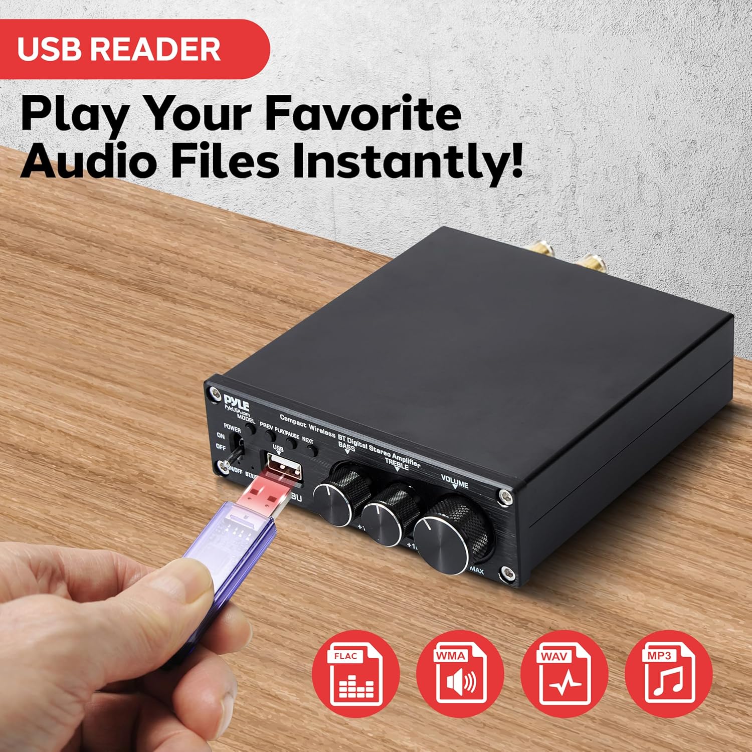 Pyle 2.1 CH Wireless Stereo Power Amplifier - 200W Bluetooth Mini Amp with USB Player, RCA Input, Subwoofer Output, Bass and Treble Control, Compact Audio Streaming Amp