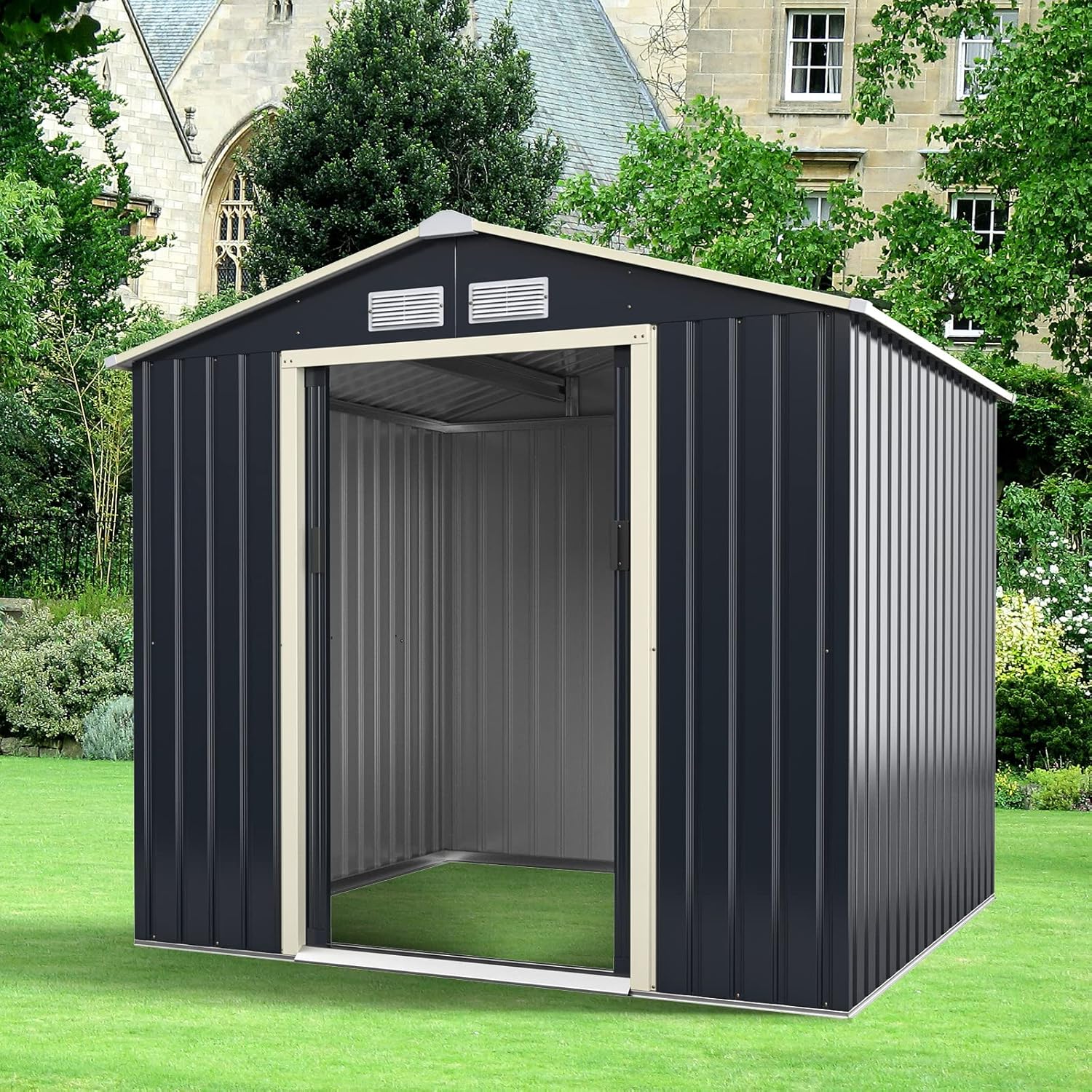 IRONMAX Outdoor Storage Shed, 7x6 FT Galvanized Steel Lean to Garden Shed, Heavy Duty Tool Storage House with Sliding Doors & Air Vents, for Bicycles, Lawnmowers, Backyards, Patios, Lawns, Grey