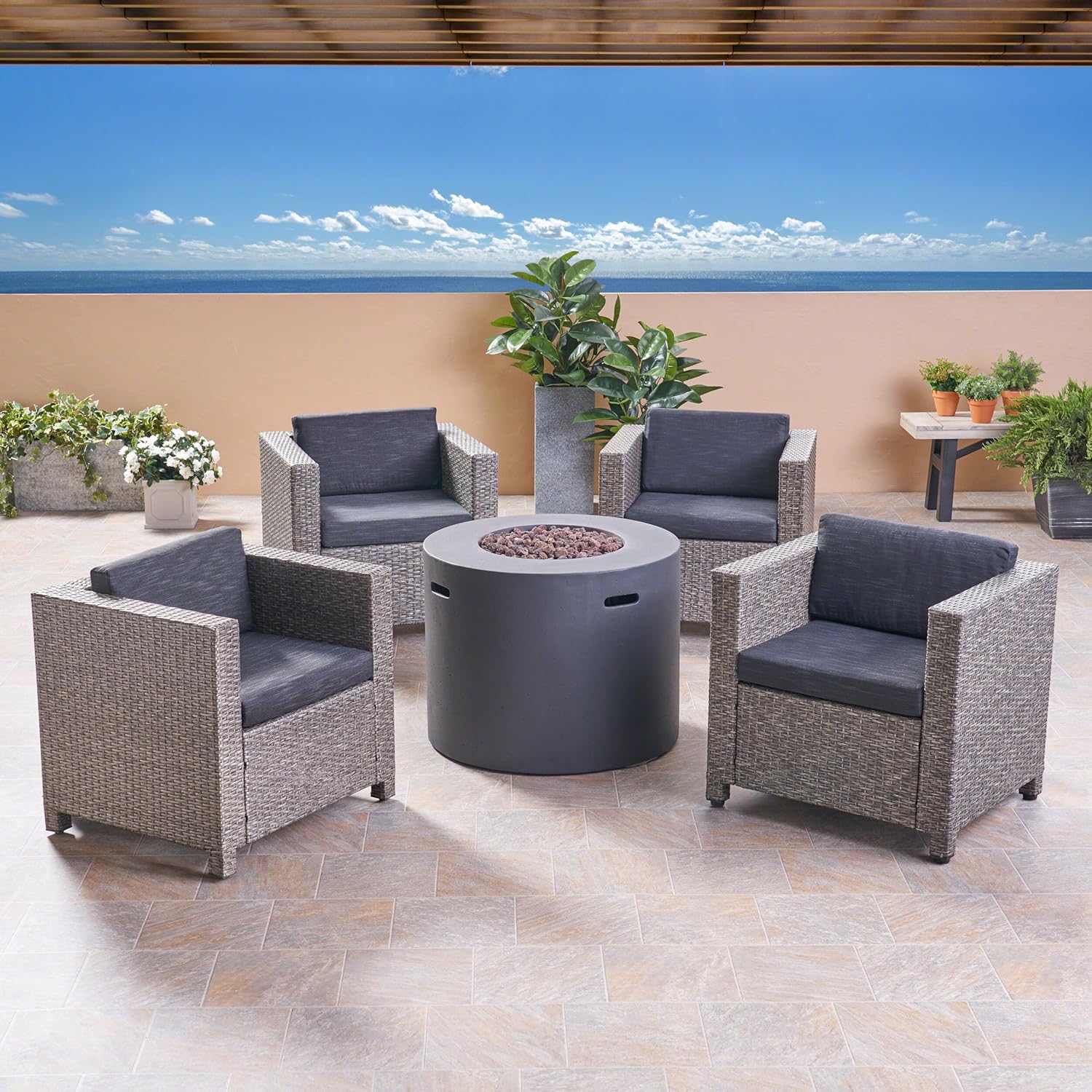 GDFStudio Outdoor 4 Piece Club Chair Set with Round Fire Pit, Mixed Black and Dark Gray
