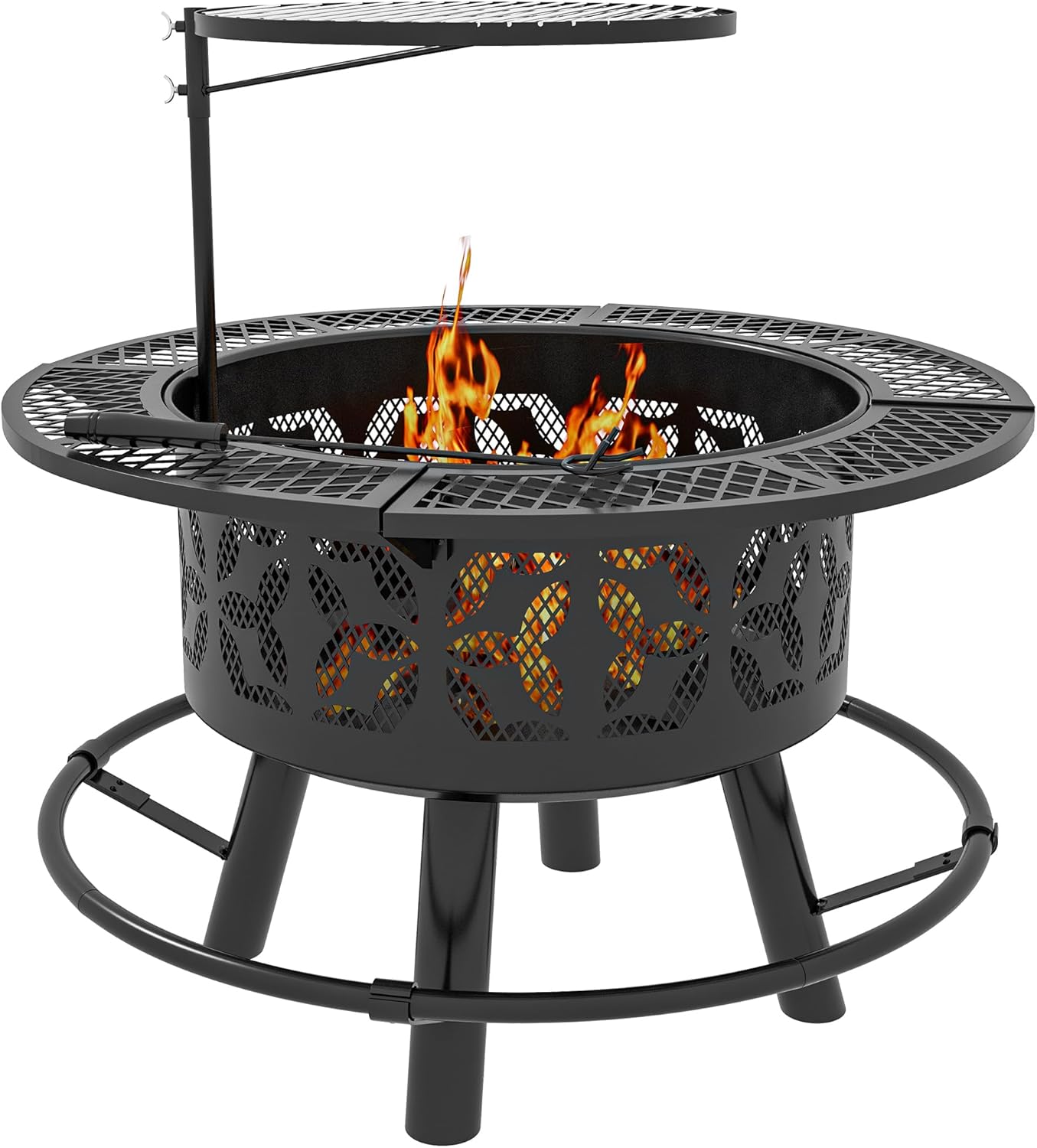 Kaimei Heavy Duty 33 inch Fire Pit & BBQ Grill Combo - Portable Outdoor Fire Pit with Adjustable Grill Grate, Cooking Pan & Poker for Backyard, Camping, Patio