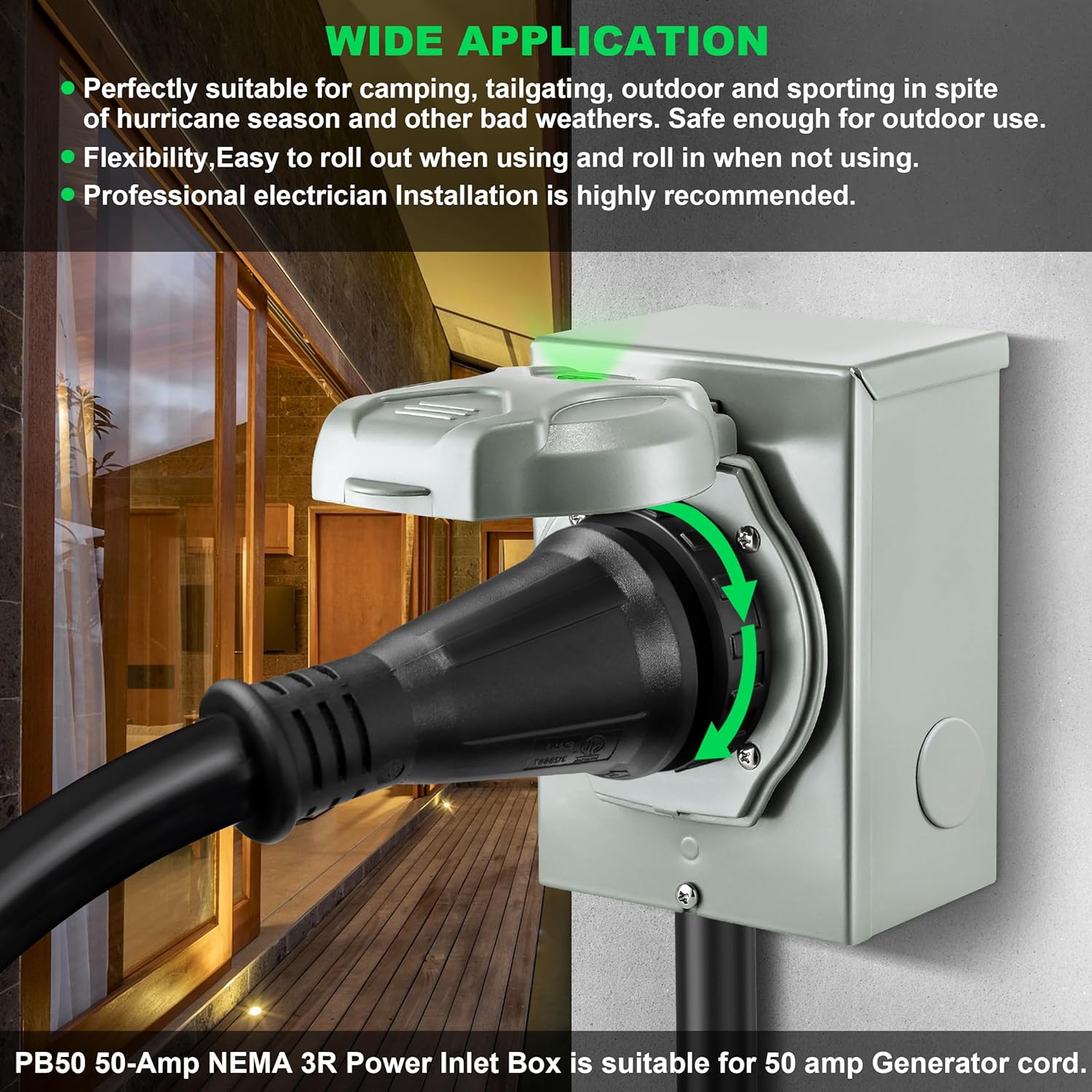 50 Amp Generator Cord 25FT and Pre-Drilled Power Inlet Box, 50 amp Generator Power Inlet Box and Cord, NEMA 14-50P to SS2-50R Generator Cord Combo Kit, STW 6/3+8/1 AWG 125V/250V, Twist Lock Connector