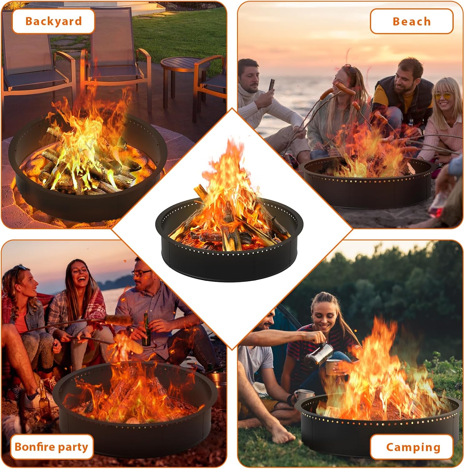 OUSHENG Smokeless Fire Pit Ring Outdoor, 45 Inch Outer 42 Inch Inner Round Wood Burning Firepit Accessories, DIY Metal Steel Liner Insert for Bonfire Outside Camping Above or In Ground