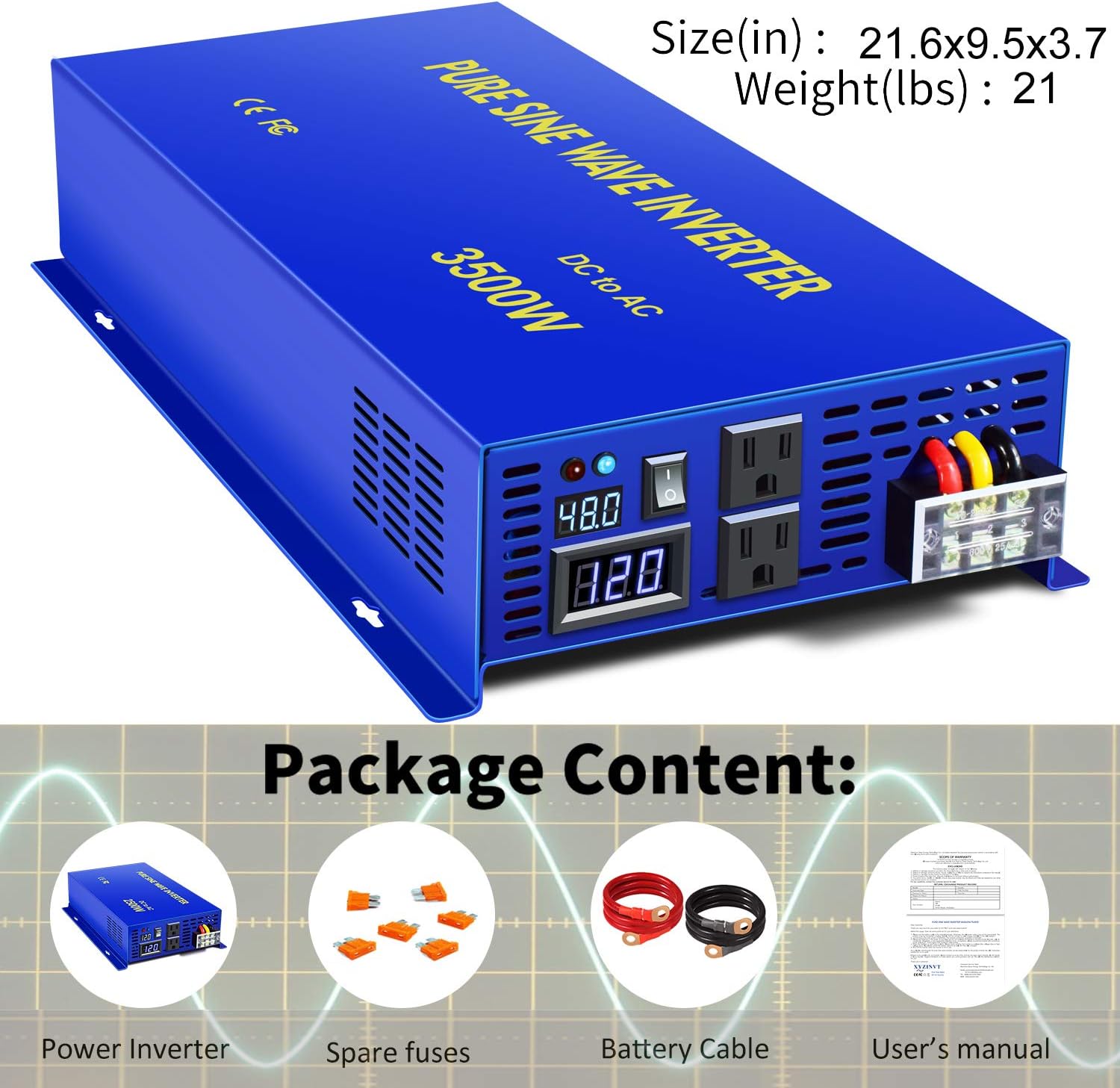 3500 Watt Pure Sine Wave Inverter 48V to 110V 120V AC Car Power Invert Surge 7000W Power Converter for Solar System.(3500W 48V 120V)