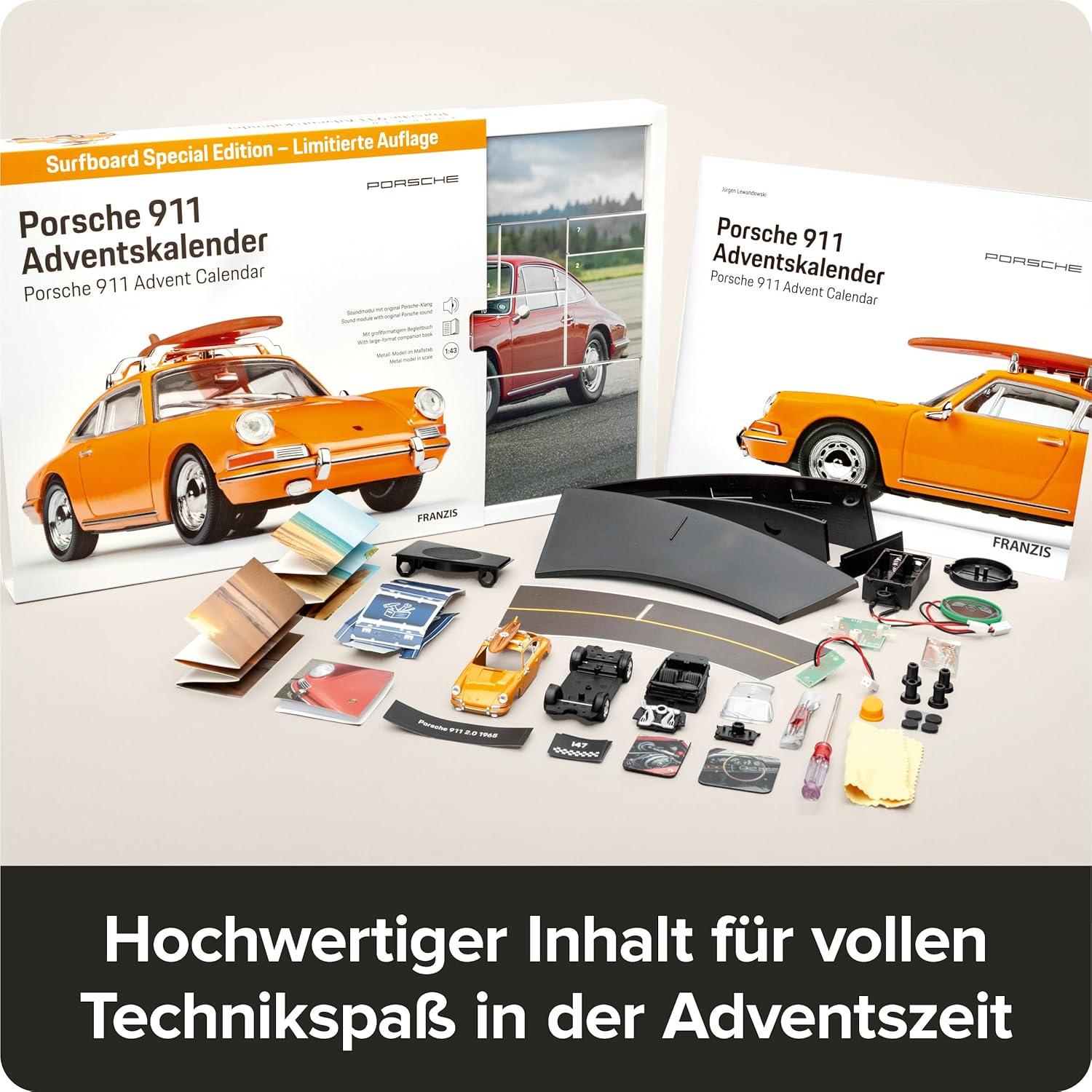 FRANZIS 67299 Porsche 911 Special Edition Surfboard Advent Calendar Model Kit 1:43 Scale Including Sound Module and 52 Page Accompaniment Book