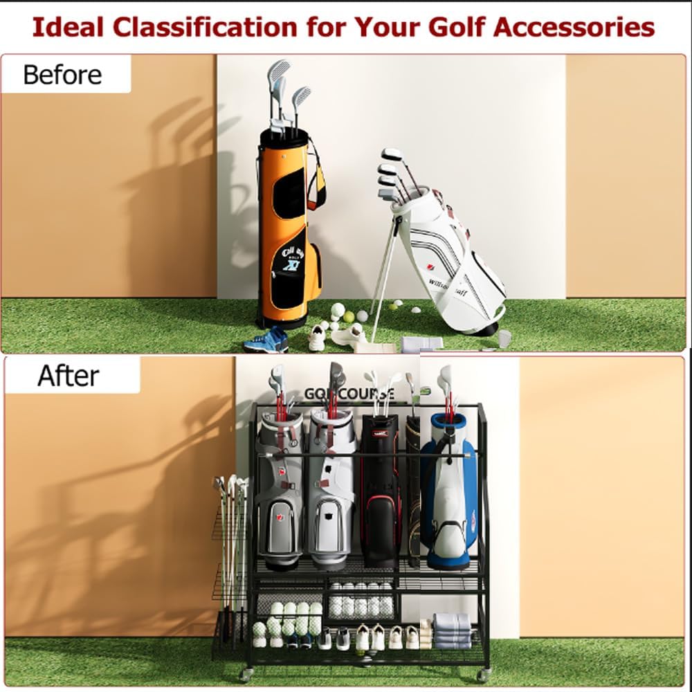 Golf Bags Storage Garage Organizer,Golf Bag Stand for 4 Golf Bags, Clubs, Balls, Golf Equipment Accessories, Golf Bag Storage Rack with Wheels