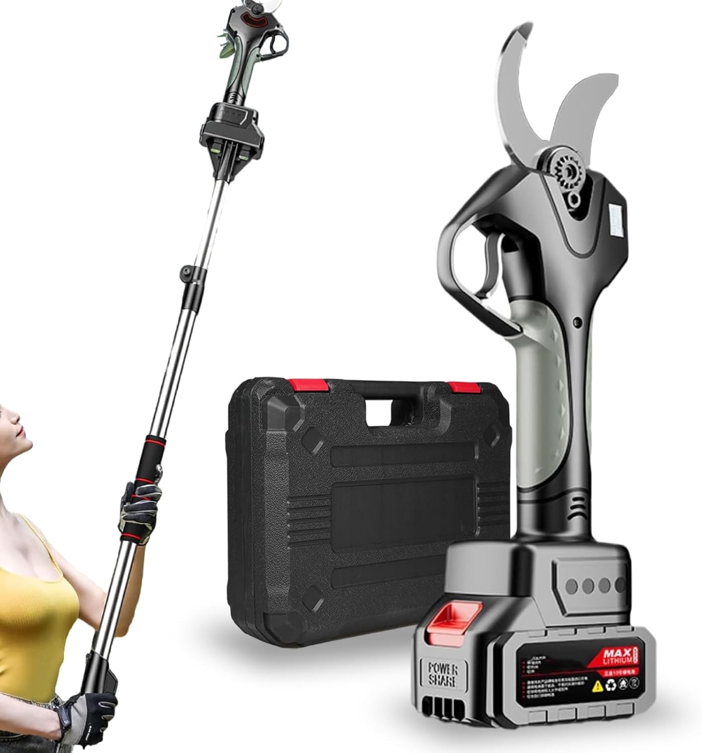 Extendable Tree Pruning Pruner,Cordless Electric Pruning Shears,78mm lithium battery scissors,Garden Secateur,with Extension Poles,for Hedge, Bush, Orchard,2Battery