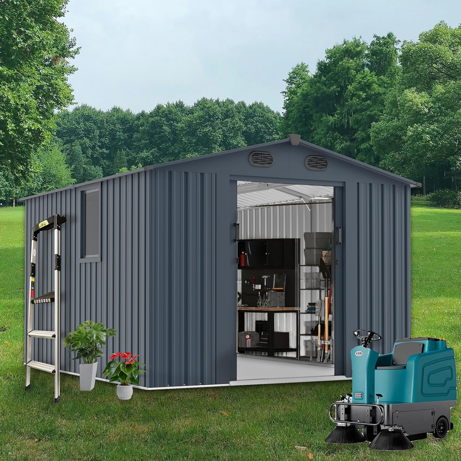 Outdoor Storage Shed 8x10 FT with Window - Metal Sheds & Outdoor Storage for Motorcycle, Bike, Garden Tool, Lawnmower - Backyard Tool Building with 1 Sliding Door and 4 Vents (Without Floor)