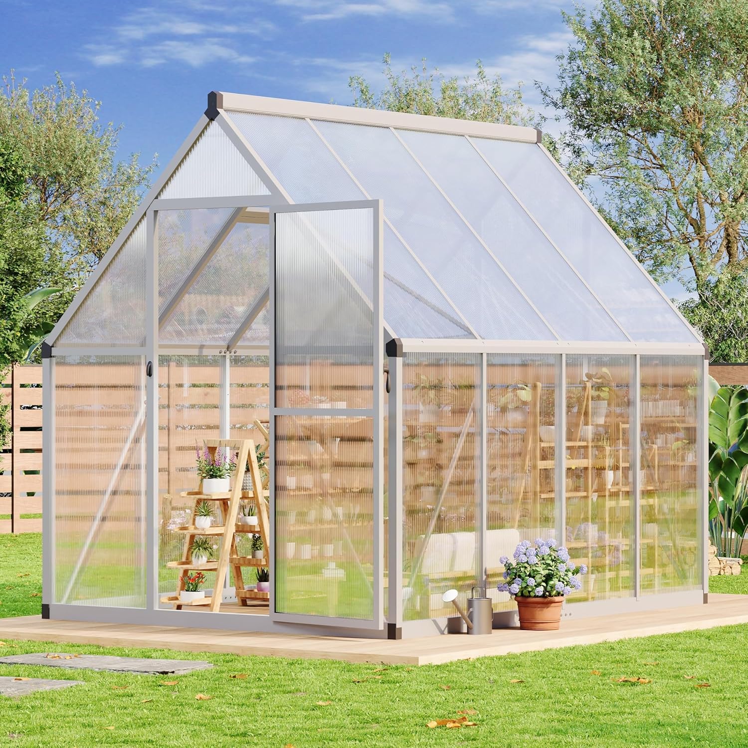6x7 FT Outdoor Greenhouse with Lockable Door and Adjustable Roof Vent, Polycarbonate Panels with UV Protection, Windproof Aluminum Frame Walk-in Greenhouse for Backyard and Garden