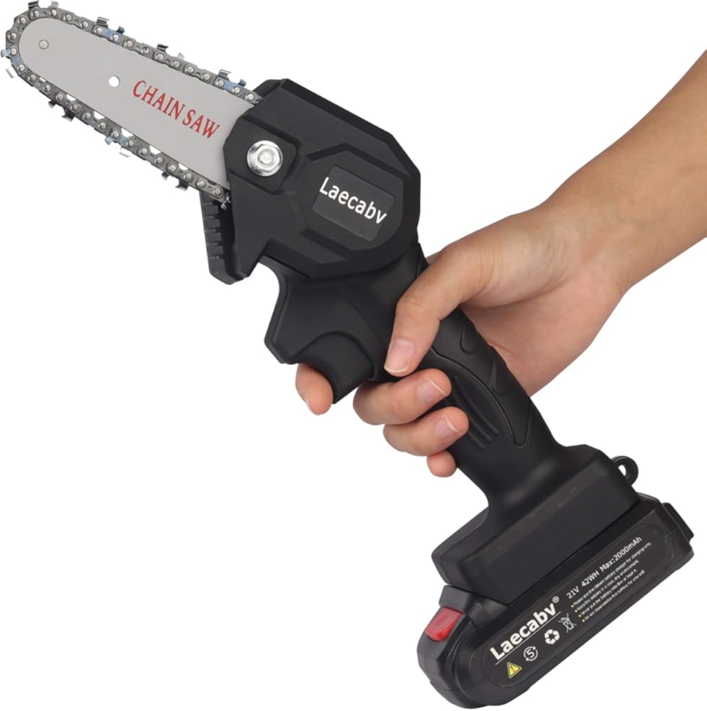 Laecabv Mini Chainsaw 4-Inch Cordless Electric Chain Saw, Portable One-Hand 0.7kg, Battery-Powered Pruning Shears Chainsaw for Tree Branch Wood Cutting (1 Battery, Black)