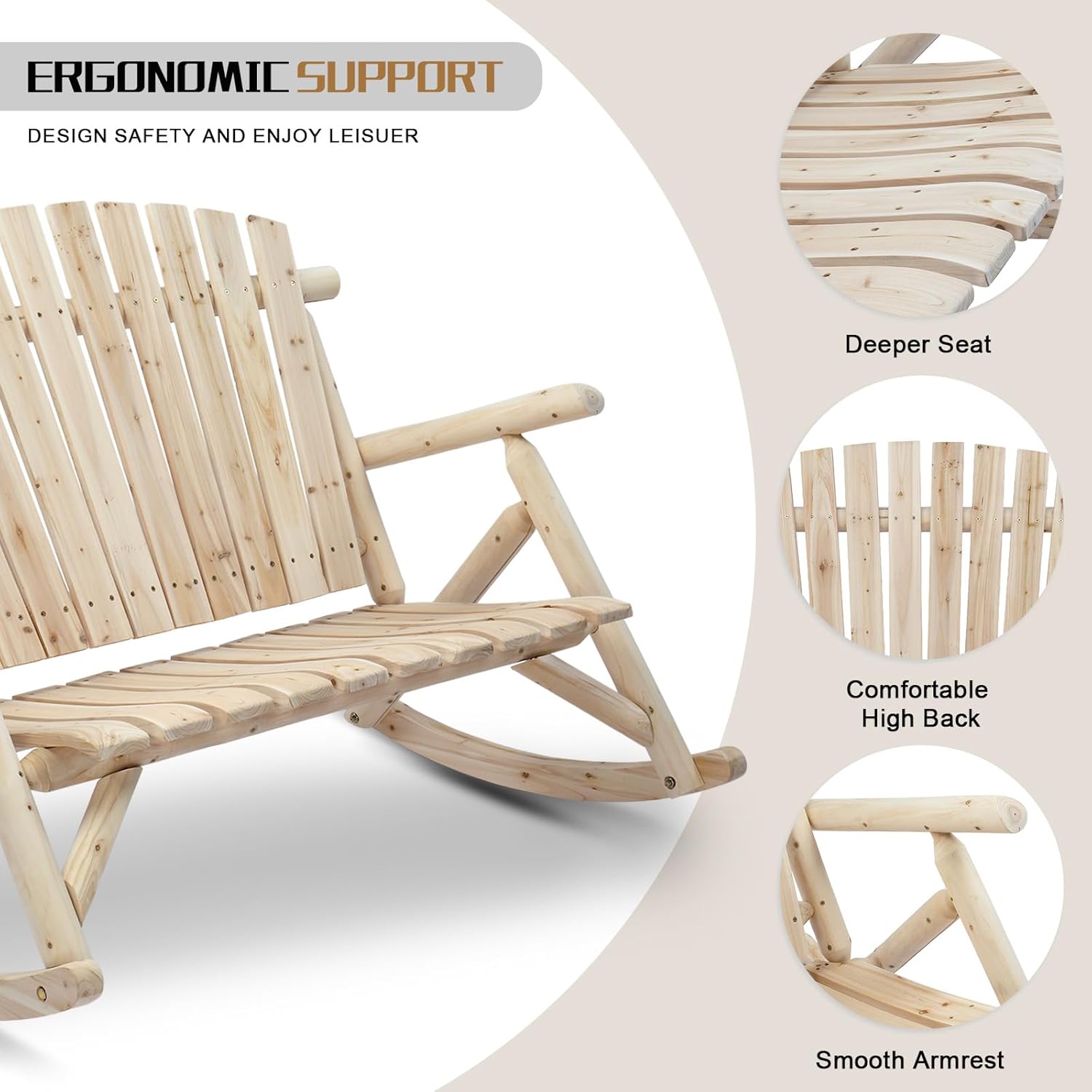 Outvita 2-Person Wood Rocking Chair, Fir Log Adirondack Rocker, Outdoor Wood Accent Furniture Lounge Chairs with Wide Curved Seats for Garden Patio Backyard Porch (Natural Finish)