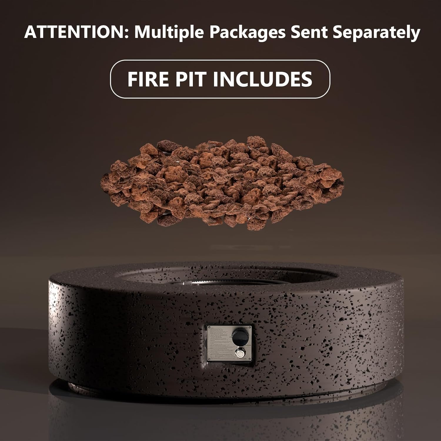 SUNBURY 42 inches Round Propane Outdoor Fire Pit, Gas Patio Fire Table 50,000 BTU Concrete Travertine Design, Circular Base Firepit with Lava Rocks, Waterproof Cover (Brown)