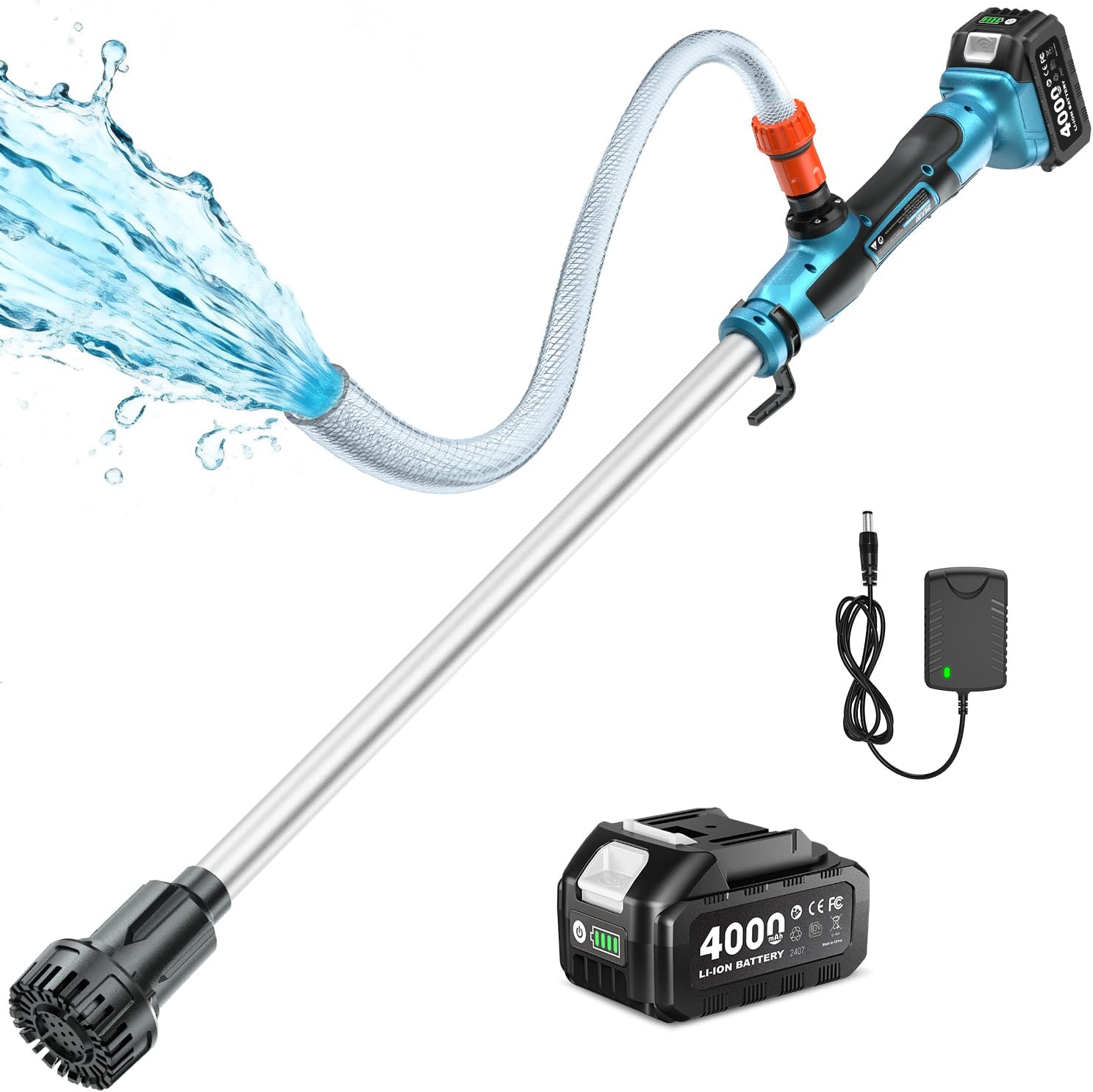 SEESII Cordless Stick Water Transfer Pump, with 4000mAh 21V Battery & Charger, 720GPH, 32FT Head, Handheld Portable Utility Sump Pump Kit with 3/4