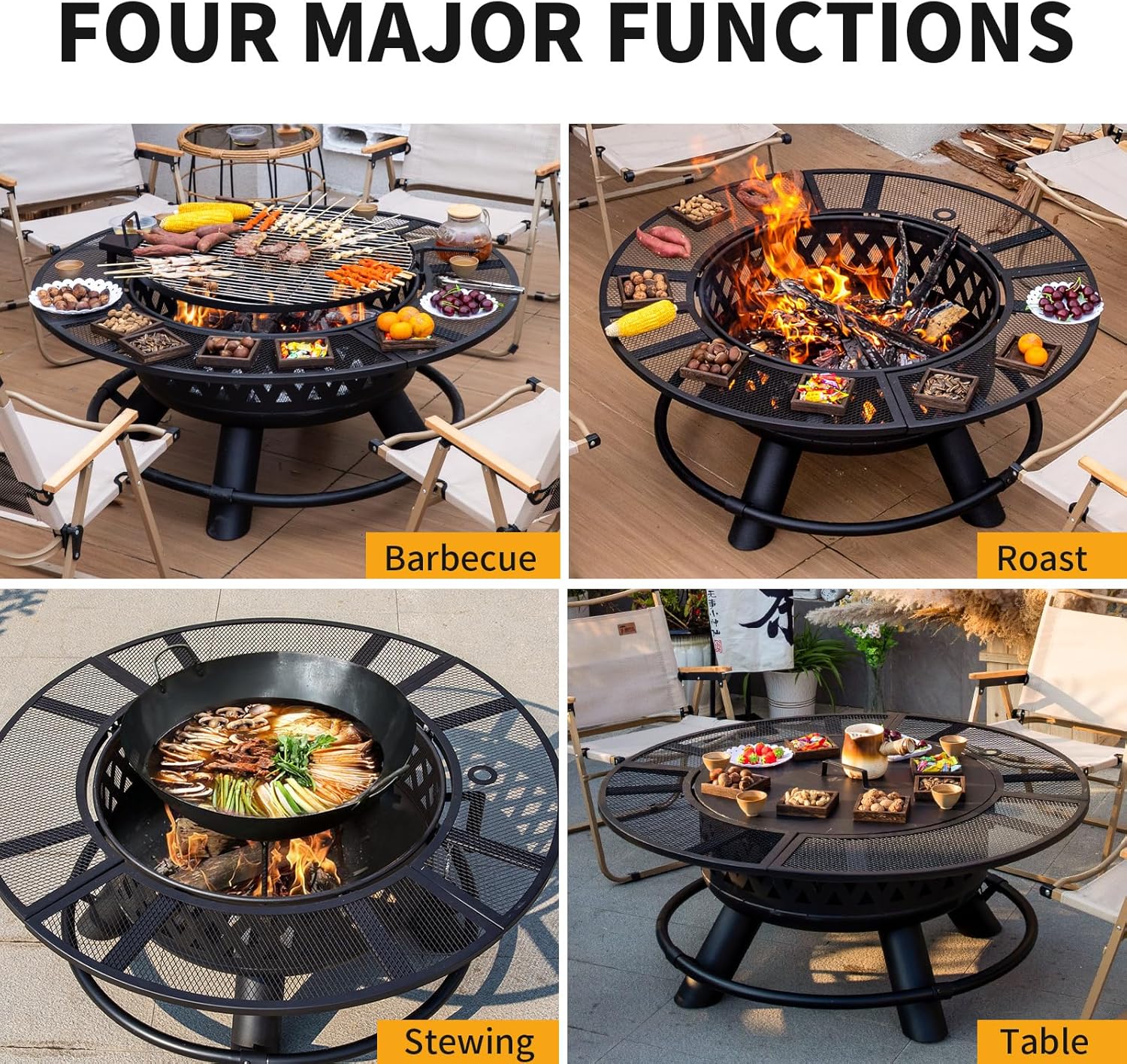 47 Inch Outdoor Fire Pits with Grill & Lid Outdoor Metal Wood Burning Fire Pit for Patio Multifunctional Large Firepit with Fire Poker for Backyard Garden Bonfire (Black)