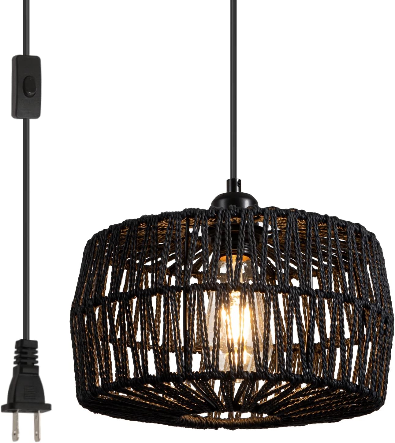 11.42’’ Black Woven Plug in Pendant Light Fixture, Rustic Round Ceiling Hanging Light with Plug in Cord & On/Off Switch for Entry Bedroom Kitchen Island Living Dining Room Foyer