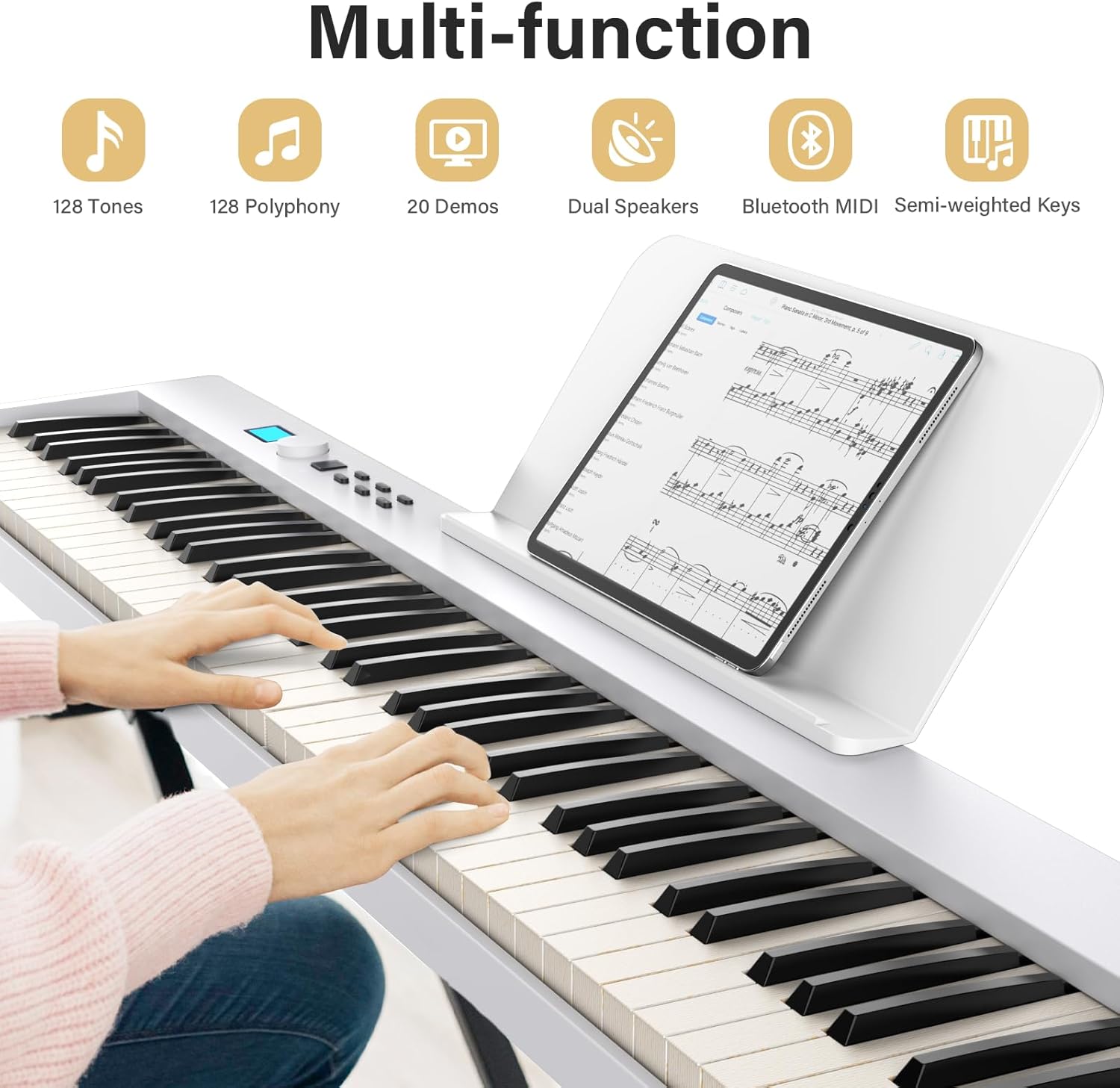 BESFAN 88 Key Keyboard Piano BSP-10F Portable Folding Piano with Semi-Weighted Keyboard, 128 Tones, USB MIDI, Sustain Pedal, Music Stand for Beginners Gifts, White