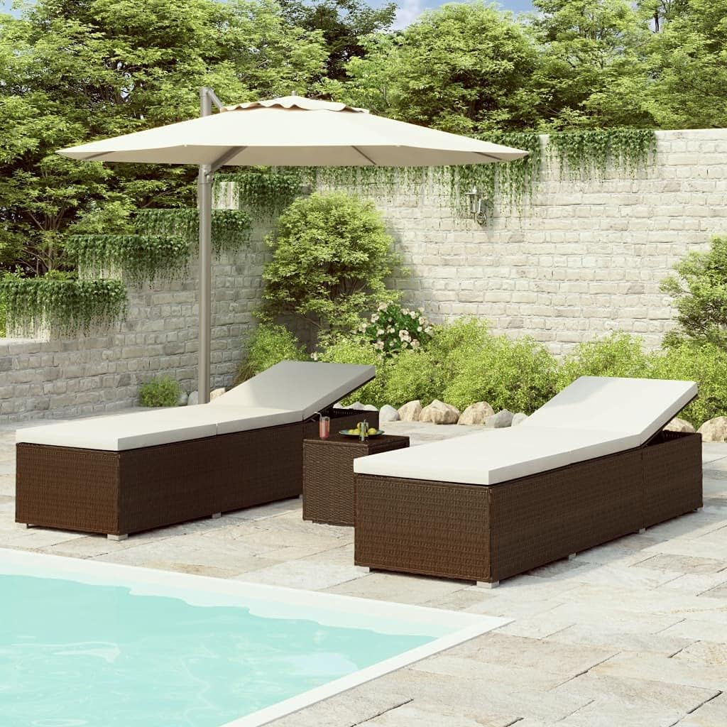 Patio Lounges 3 Piece Patio Sun Loungers with Tea Table Poly Rattan Brown