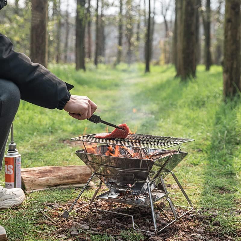 CAMPINGMOON Portable Camping Fire Pit Stainless Steel Foldable Collapsible BBQ Grill Wood Burning Charcoal 20x13-inch with Carrying Bag MT-3