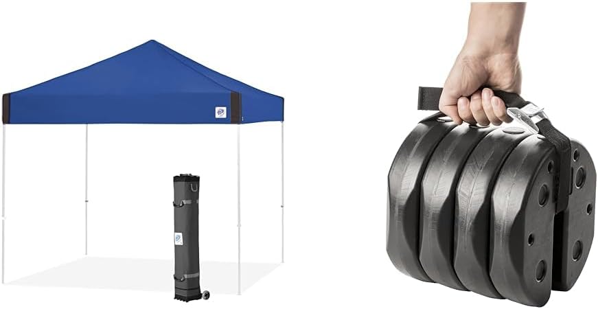 E-Z UP Pyramid Instant Shelter Canopy, 10' x 10' with Wide-Trax Roller Bag & 4 Piece & US Weight Tailgater Canopy Weights Set of 4 with No-Pinch Design for Easy Installation, and Removal to Secure