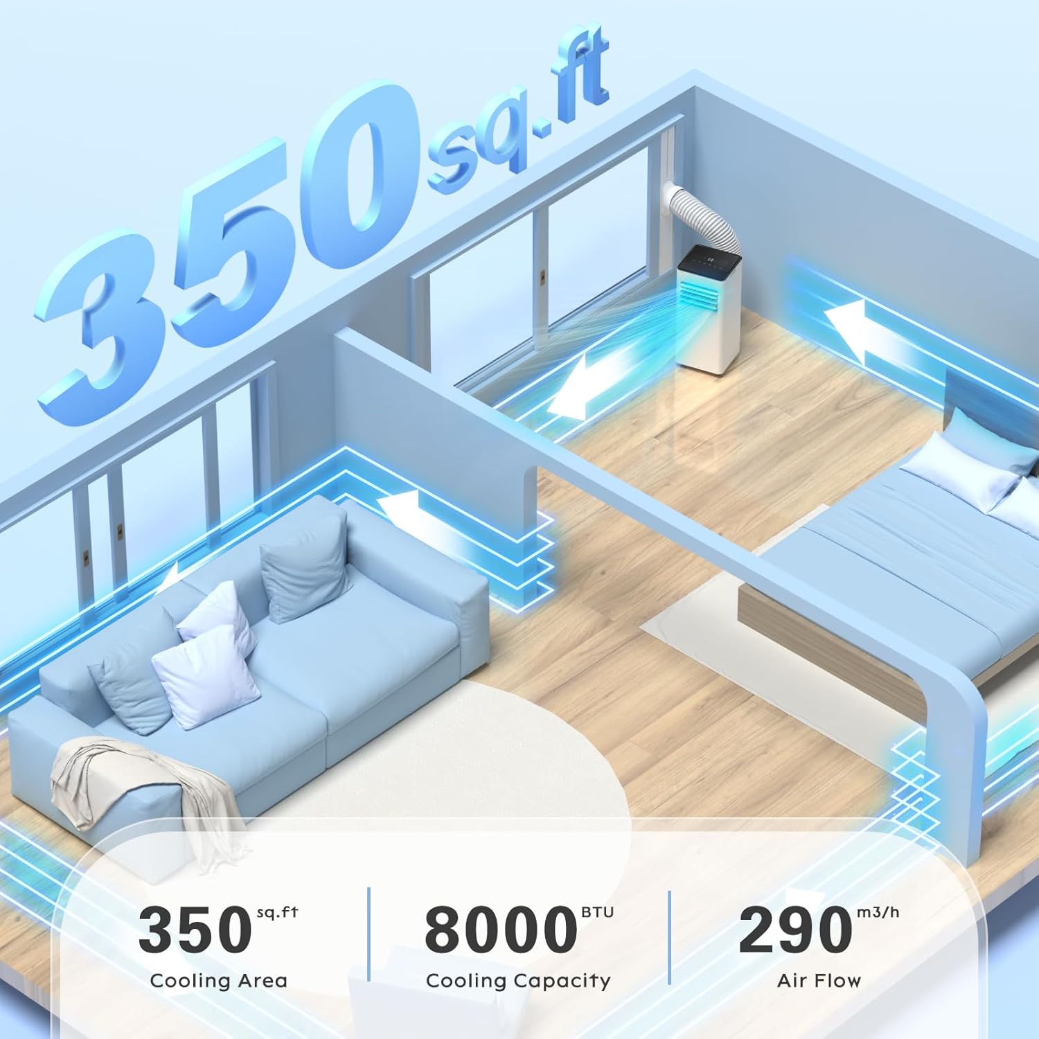 Xbeauty Portable Air Conditioner, 8000 BTU 3 Modes & Speeds with Remote Control, 24H Timer for Bedroom/Office, White