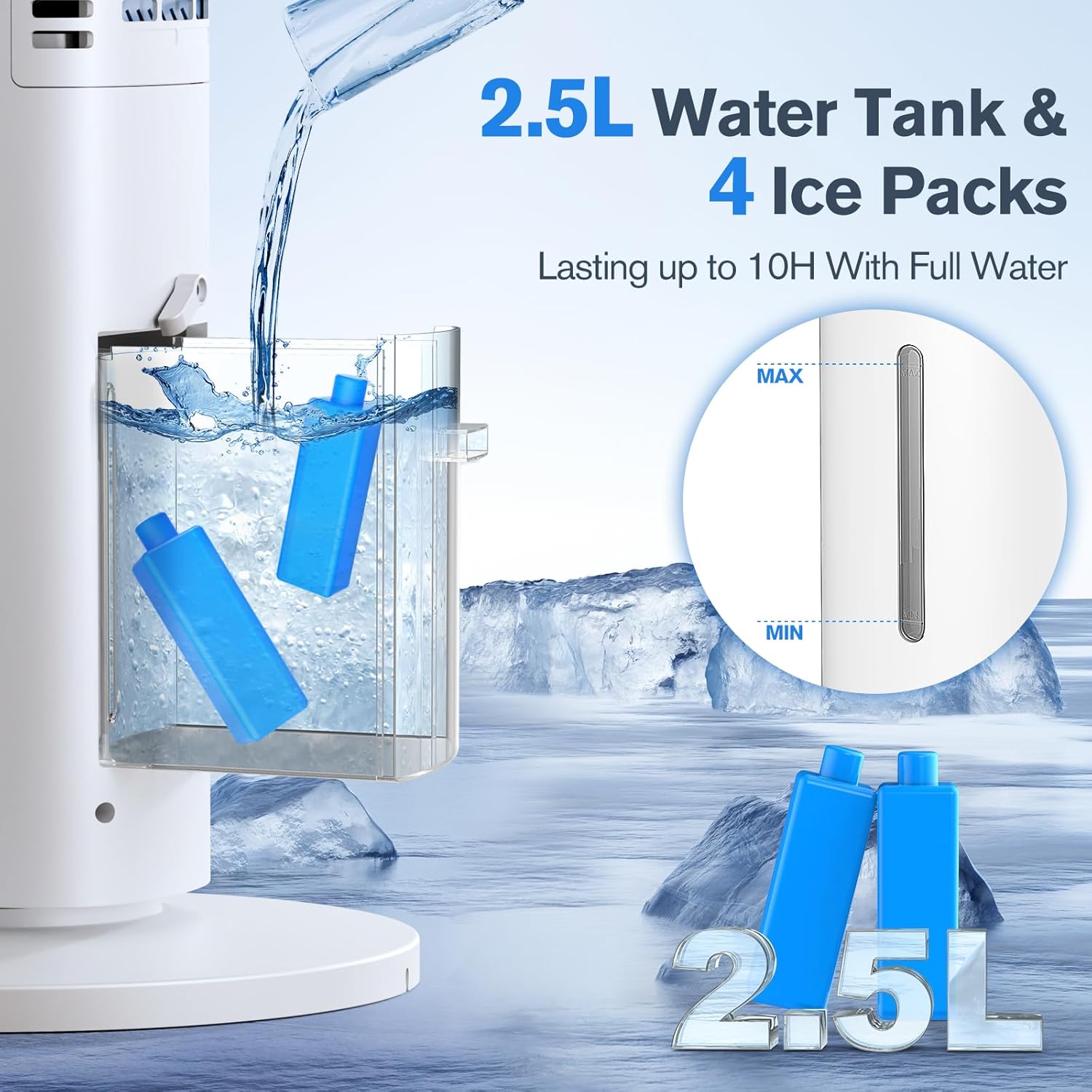 Windowless Portable Air Conditioners, 37’’ Evaporative Air Cooler w/Remote, 2.5L Water Tank & 4 Ice Packs, 12H Timer Auto-off, 70° Oscillating, Quiet Cooling Tower Fan For Bedroom Living Room Office