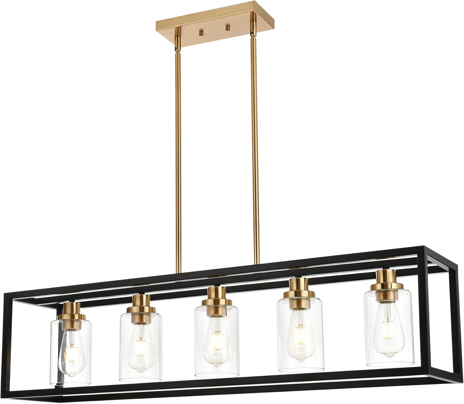 MELUCEE Black Chandeliers Rectangle 5 Lights Dining Room Lighting Fixtures Hanging Over Table, Kitchen Island Lighting Linear Pendant Light Ceiling with Clear Glass Shade and Brushed Brass Socket