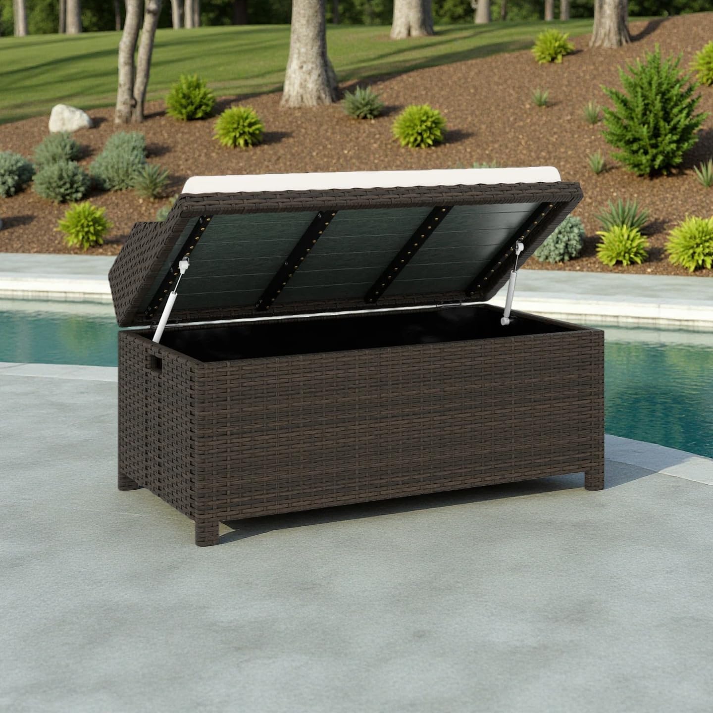 2-in-1 Outdoor Wicker Storage Bench & Outdoor Storage Box with Gas Struts- 34 Gallon Water-Resistant Deck Box,Splash-Proof Cushion & Removable Cover.Deep Coffee Rattan,Patio Storage Cabinet Solution