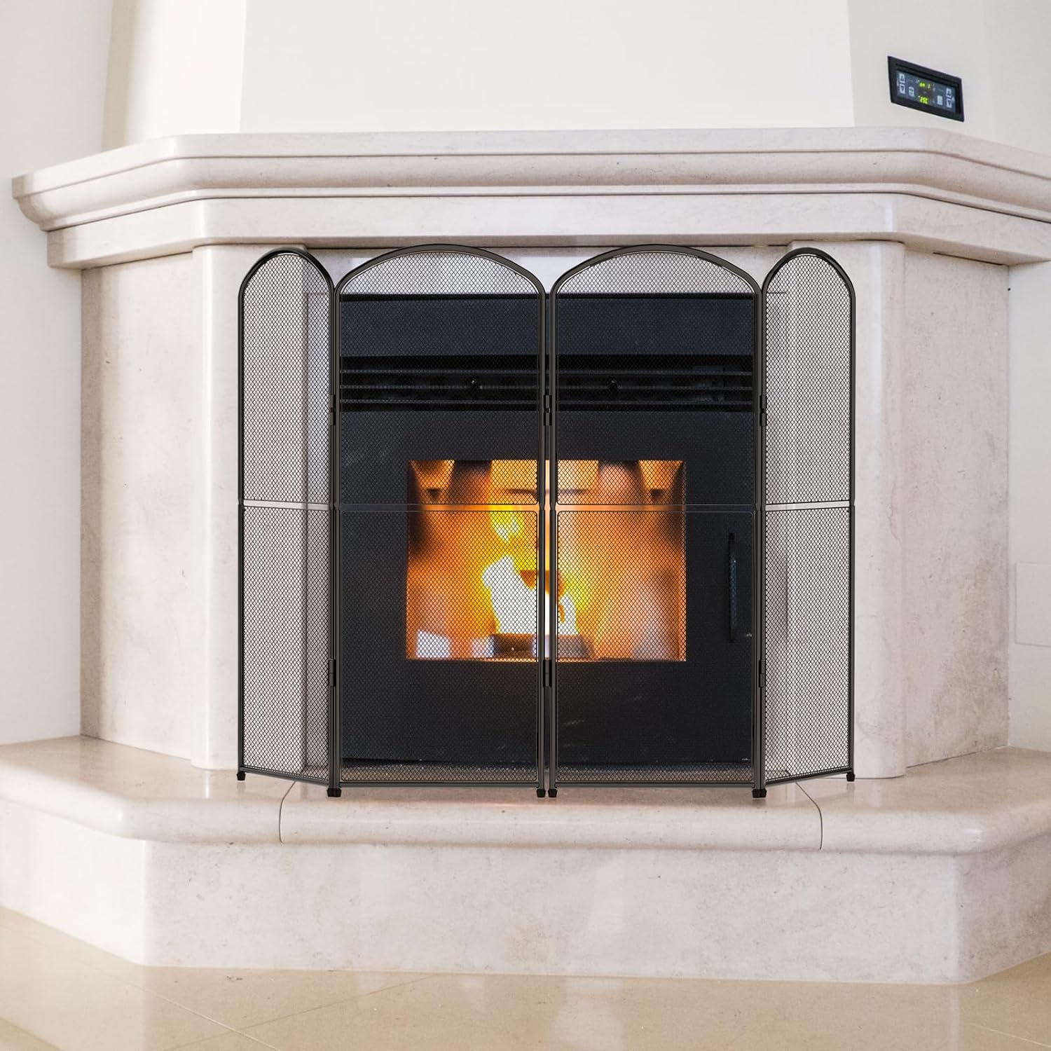 Black Fire Spark Guard Cover Decorative 4 Panel Foldable Fireplace Screen Stand for Home Indoor Fireplace - Protective Cover Guard for Fire Safety ()