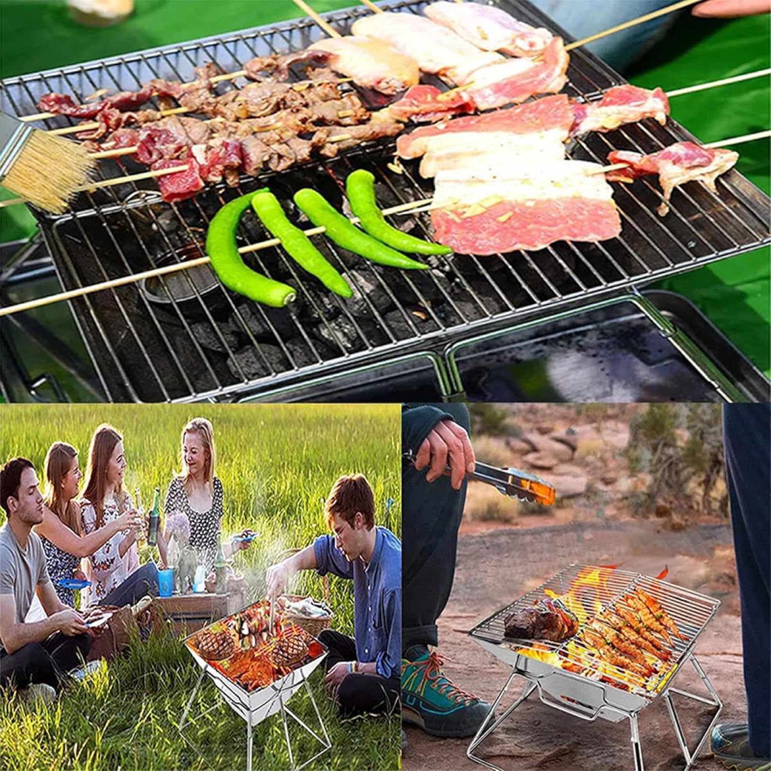 Folding Campfire Grill with Carrying Bag, Stainless Steel Campfire Pit Outdoor Wood Stove Burner Camping Charcoal BBQ Grill for Outdoor Travel (Rectangular)