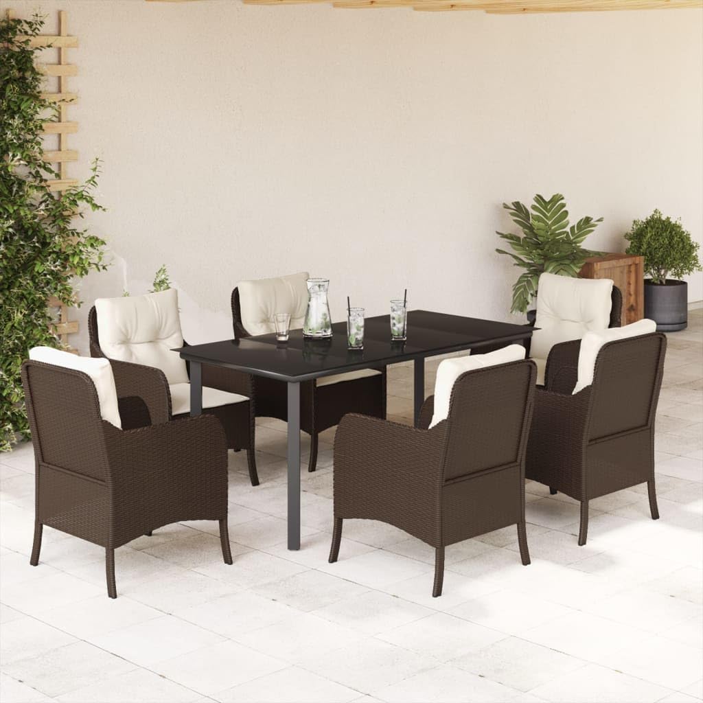 Furniture Sets 7 Piece Patio Dining Set with Cushions Brown Poly Rattan,Outdoor Rattan Dining Set: Luxurious Comfort for Alfresco Living Garden Conversation Sets
