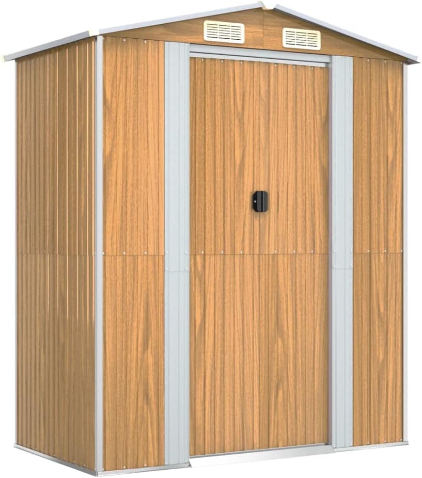 Outdoor Storage Shed, Metal Tool Shed Outdoor Storage House with Air Vent & Slid Gate, Steel Utility Garden Shed Outside Storage Clearance for Backyard Patio, Light Brown 75.6
