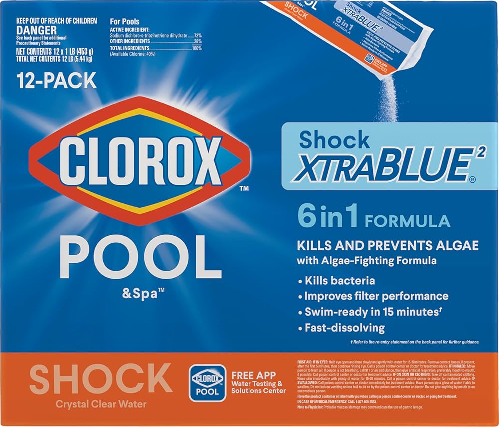 Clorox Pool&Spa 33512CLX Pool Shock XtraBlue (12 1-lb Bags), 12 Pack, White