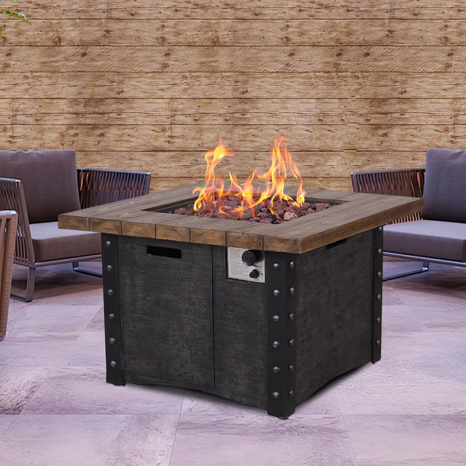 Good Product 50,000 BTU Outdoor Gas Fire Table, Faux Woodgraine Table top Fire Pit