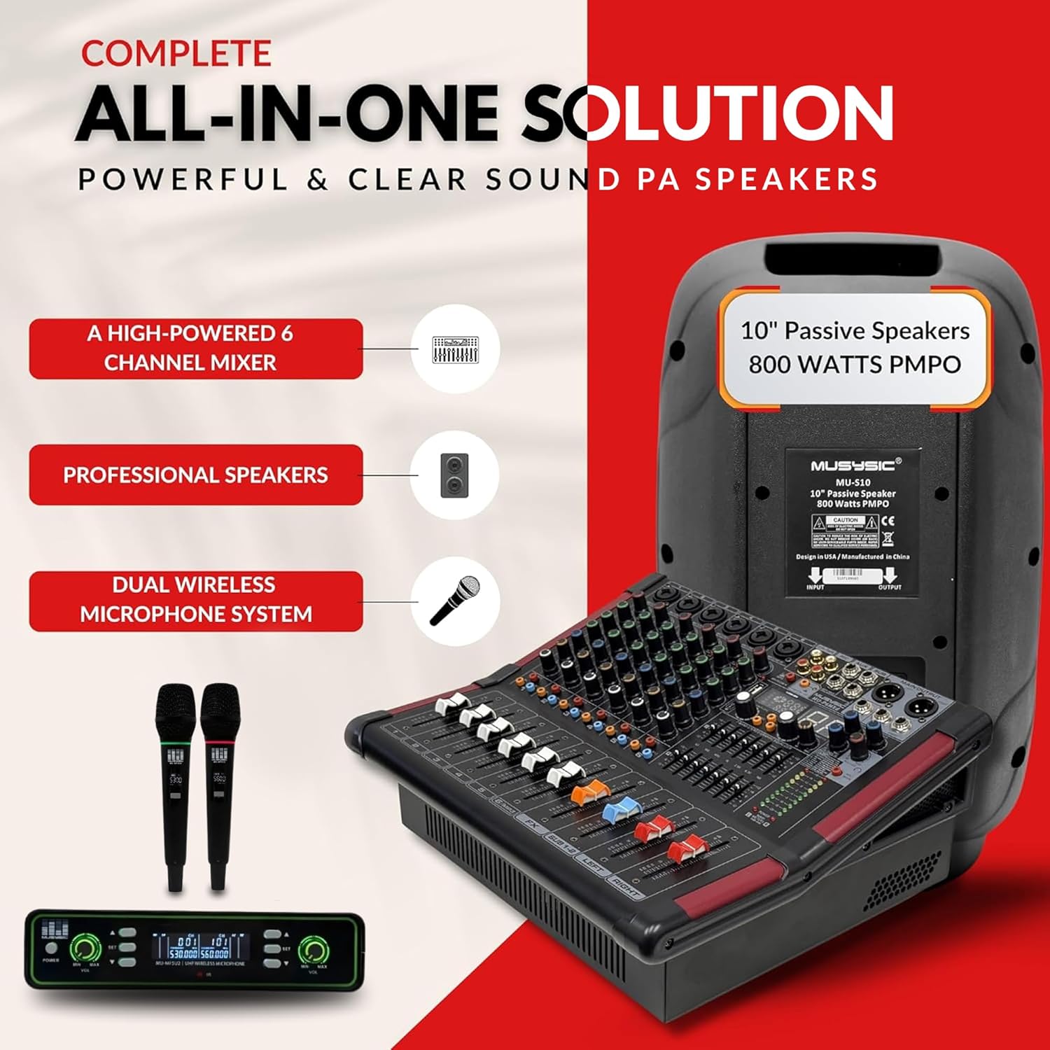MUSYSIC Portable PA System with 2000W Amp & Wireless UHF Microphone System. 6 Ch Audio Mixer with Multiple Inputs. pa system with wireless microphone and speakers, Complete w/Stands - 10