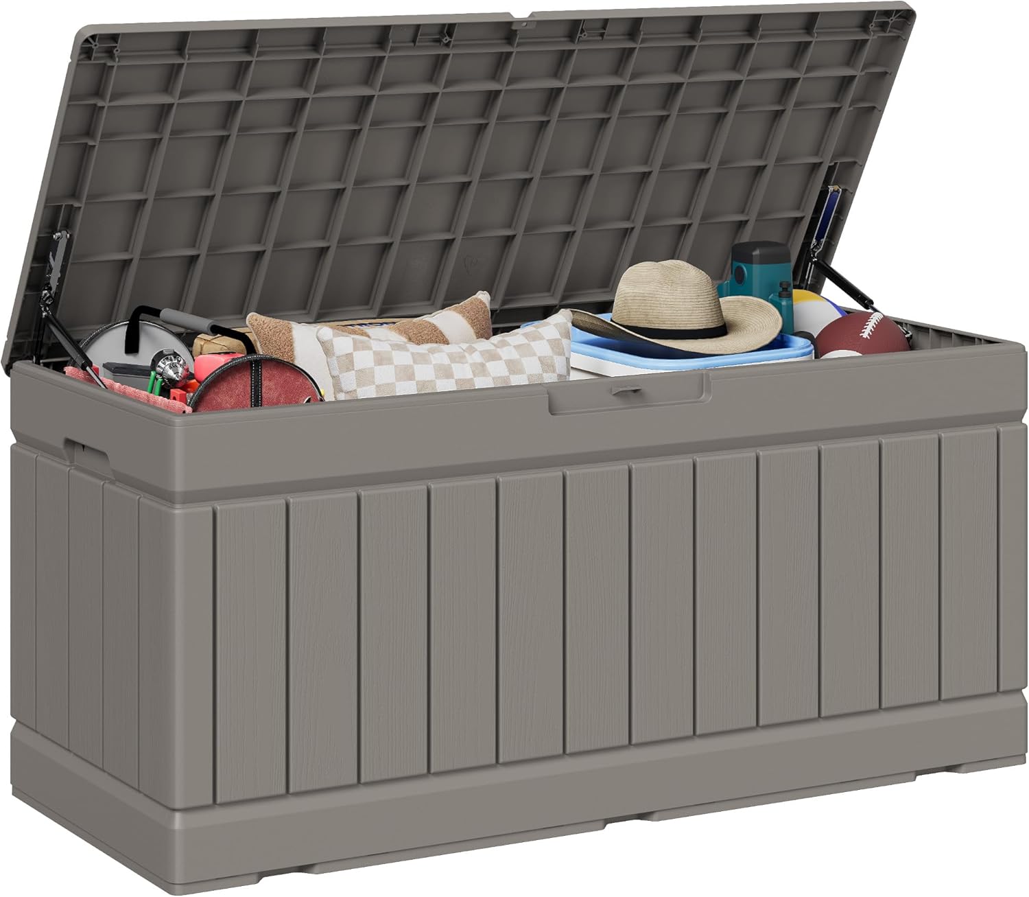 JUMMICO 78 Gallon Outdoor Deck Box Large Resin Storage Box for Patio Furniture Cushions and Garden Tools (Light Brown)