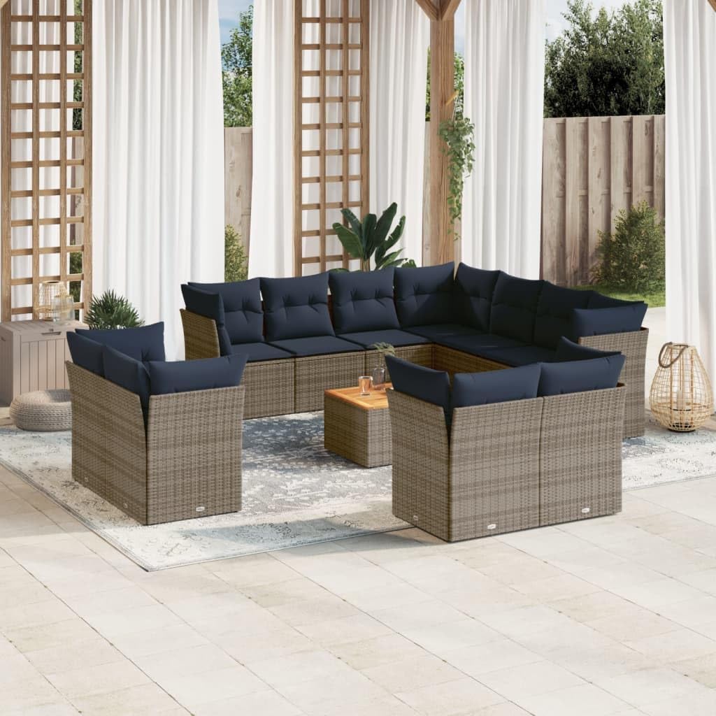 12 Piece Gray Poly Rattan Patio Sofa Set, Outdoor Sectional Furniture with Navy Cushions, Acacia Wood Table, UV-Proof Garden Lounge Seating for Backyard
