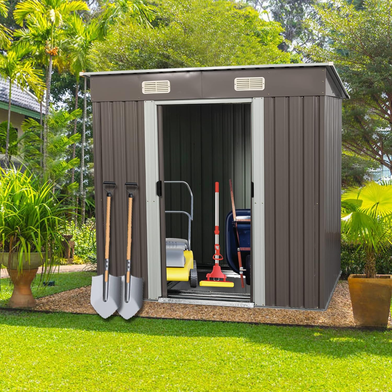 6.4ftX4ft Outdoor Storage Shed with Metal Foundation and Sliding Doors, Waterproof Tool Storage Shed for Patio Lawn Backyard (Gray-6.4ftx4ft)