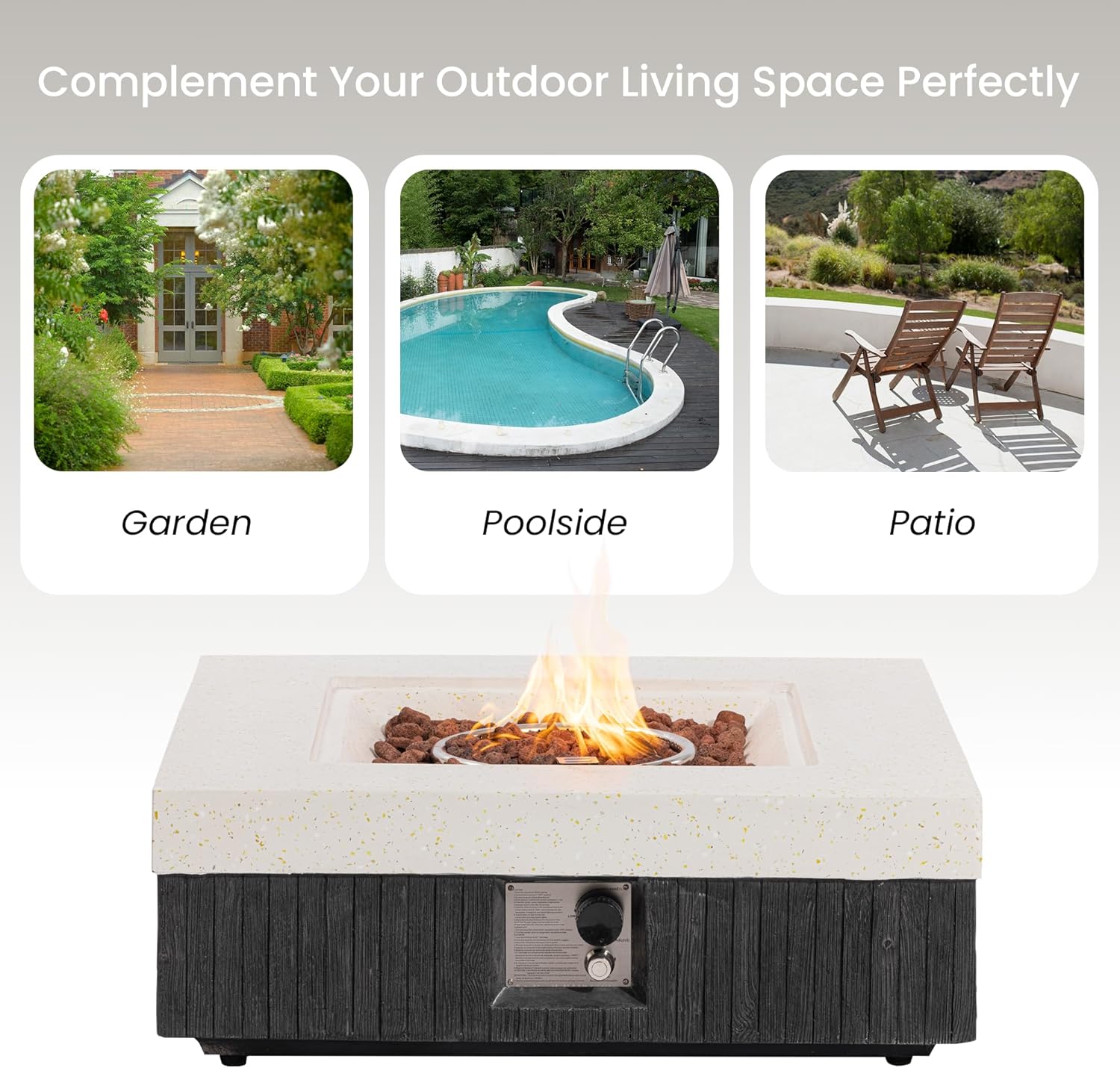 35inch Square Outdoor Propane Fire Pit Table-Black & White Finish,50000 BTU Auto-Ignition,CSA Certified,with Lava Rocks & Waterproof Cover for Patio,Garden,Deck