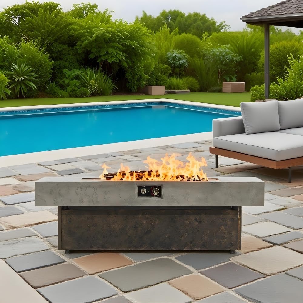 Outdoor Propane Fire Pit Table with 50000 BTU Heat, Rectangular Gas Firepit for Patio, Backyard or Balcony, Adjustable Height Design